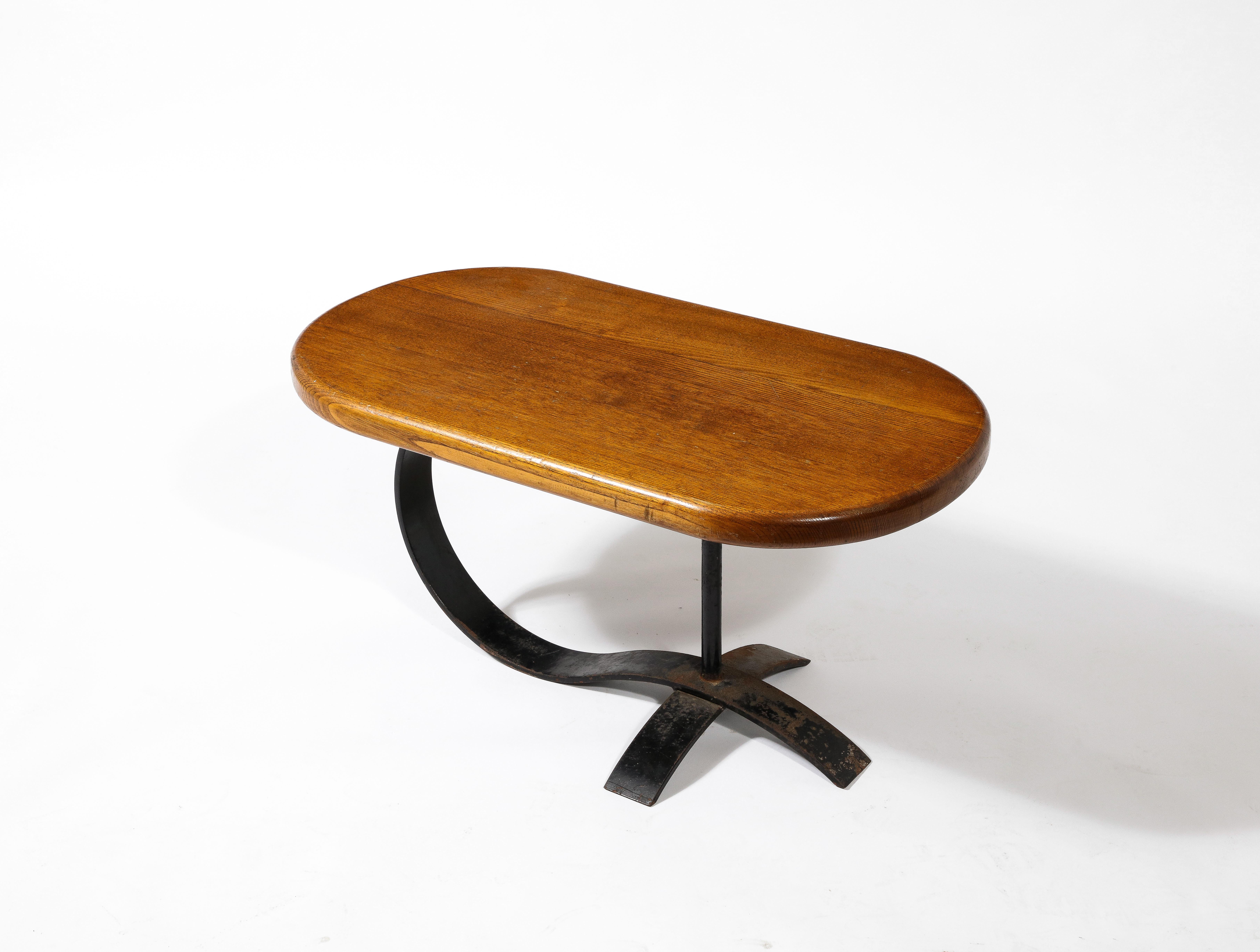 Mid-20th Century Cocktail Coffee Side Table in Solid Oak and Blackened Steel, France 1950's
