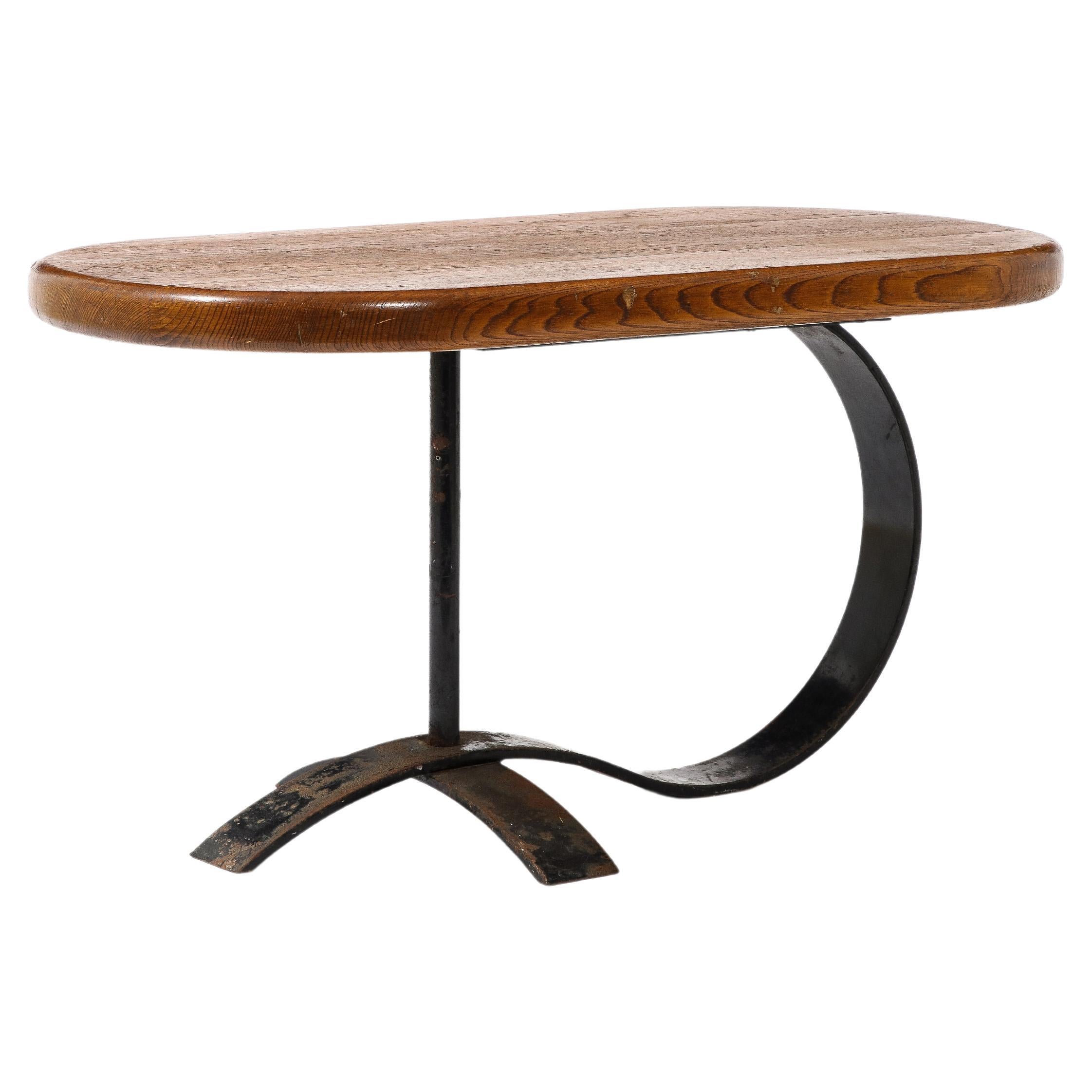 Cocktail Coffee Side Table in Solid Oak and Blackened Steel, France 1950's