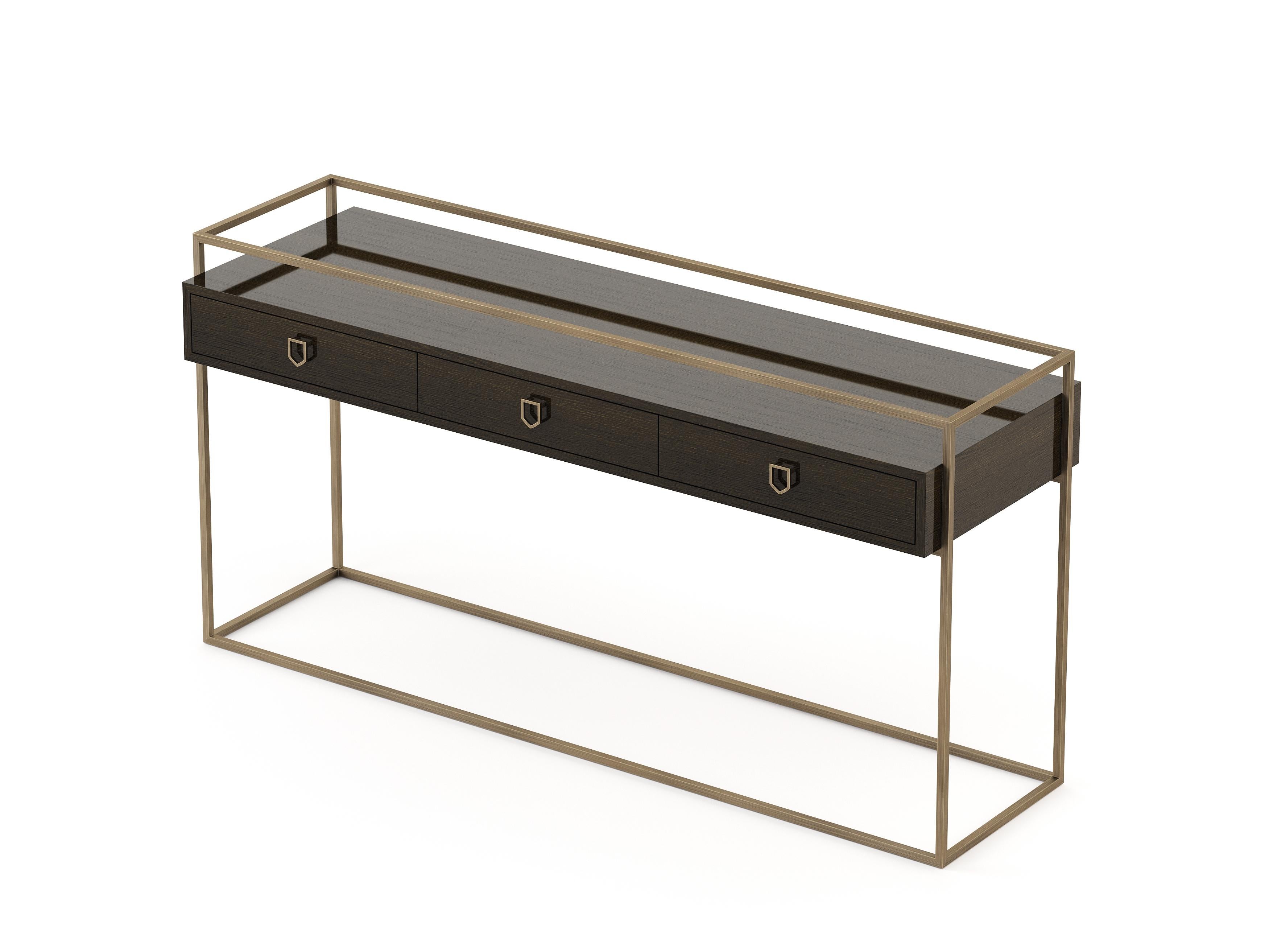 Portuguese Mid-Century Modern Cocktail Console made with Oak and brass, Handmade For Sale