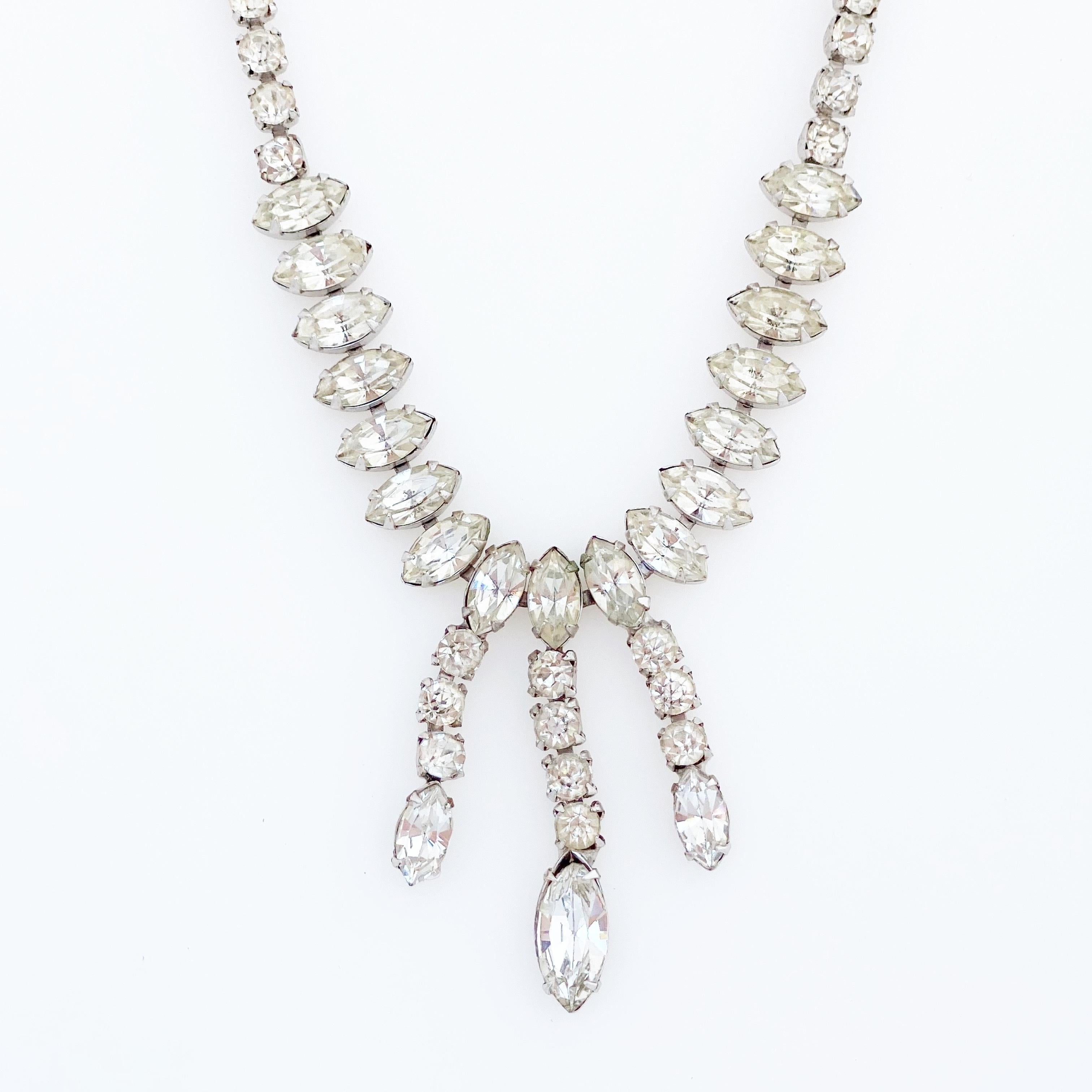 Modern Cocktail Crystal Choker Necklace with Navette Dangles, 1950s