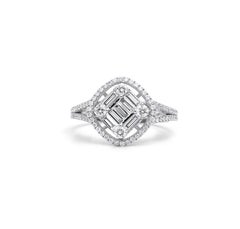 IGI Certified 1.1tcw Baguette-Cut Diamond Art Deco Halo Engagement Ring 18K Gold