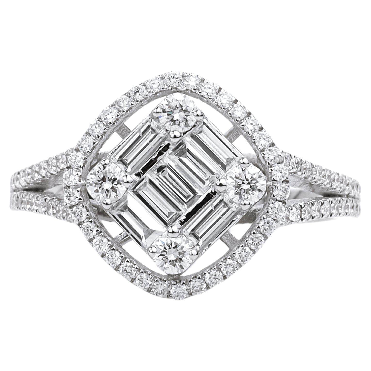 Cocktail Diamond Baguette Cut Ring Illusion Setting, 1.1 TCW F G VS Diamond Ring For Sale