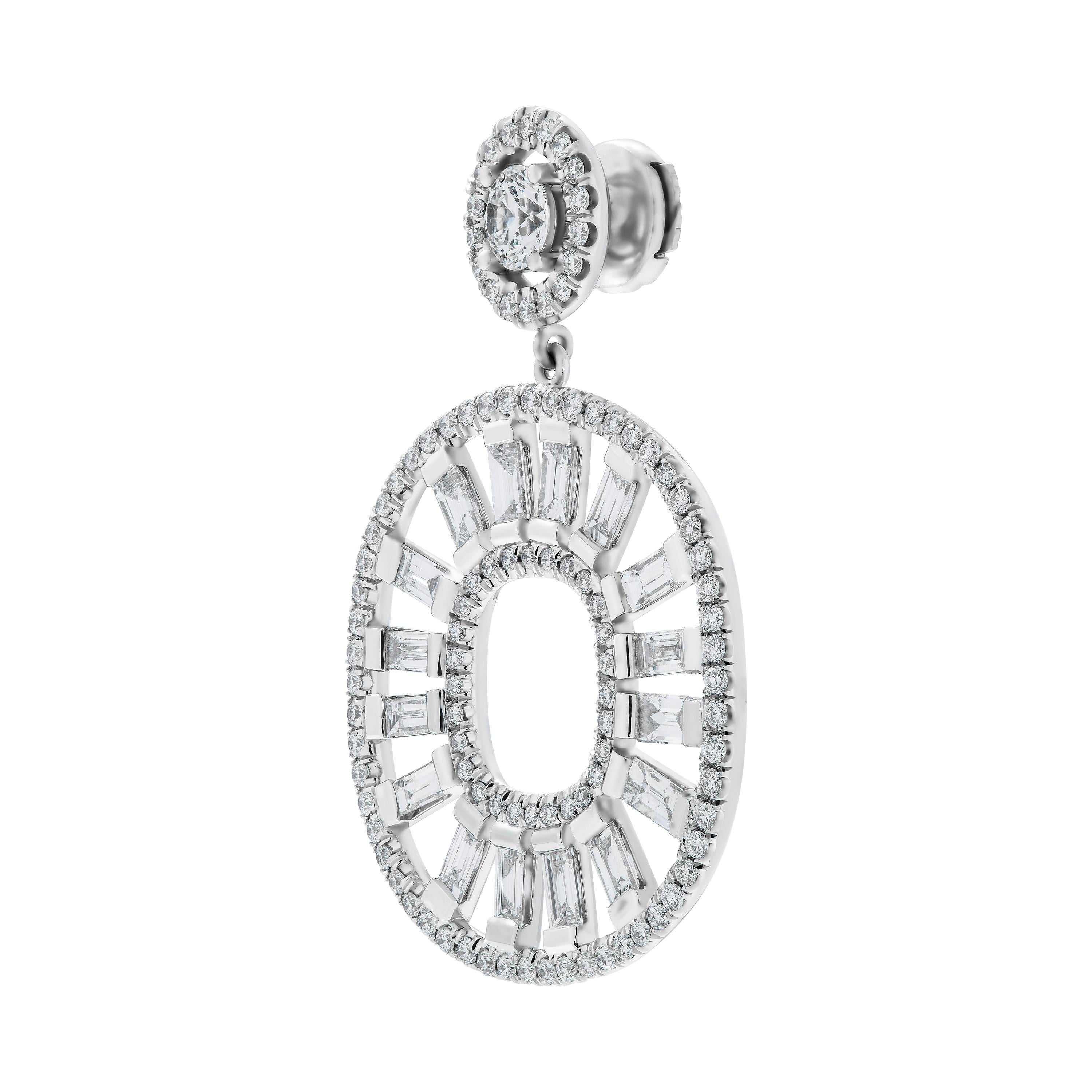 Art Deco Cocktail Diamond Earrings with Baguette Diamonds For Sale