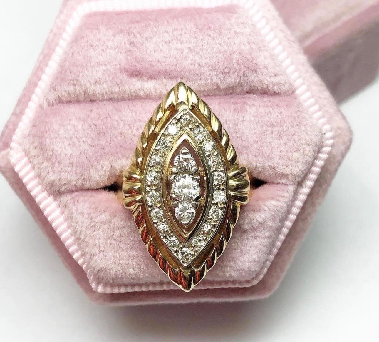 Remarkable Marquise Queen diamond ring, large cocktail ring made with 0.50 carats of diamonds in 18KT yellow gold, diamonds are VSs-SI clarity and G-H color. Ring is size 7, can be re-sized.

Certificate of authenticity comes with purchase!

ABOUT
