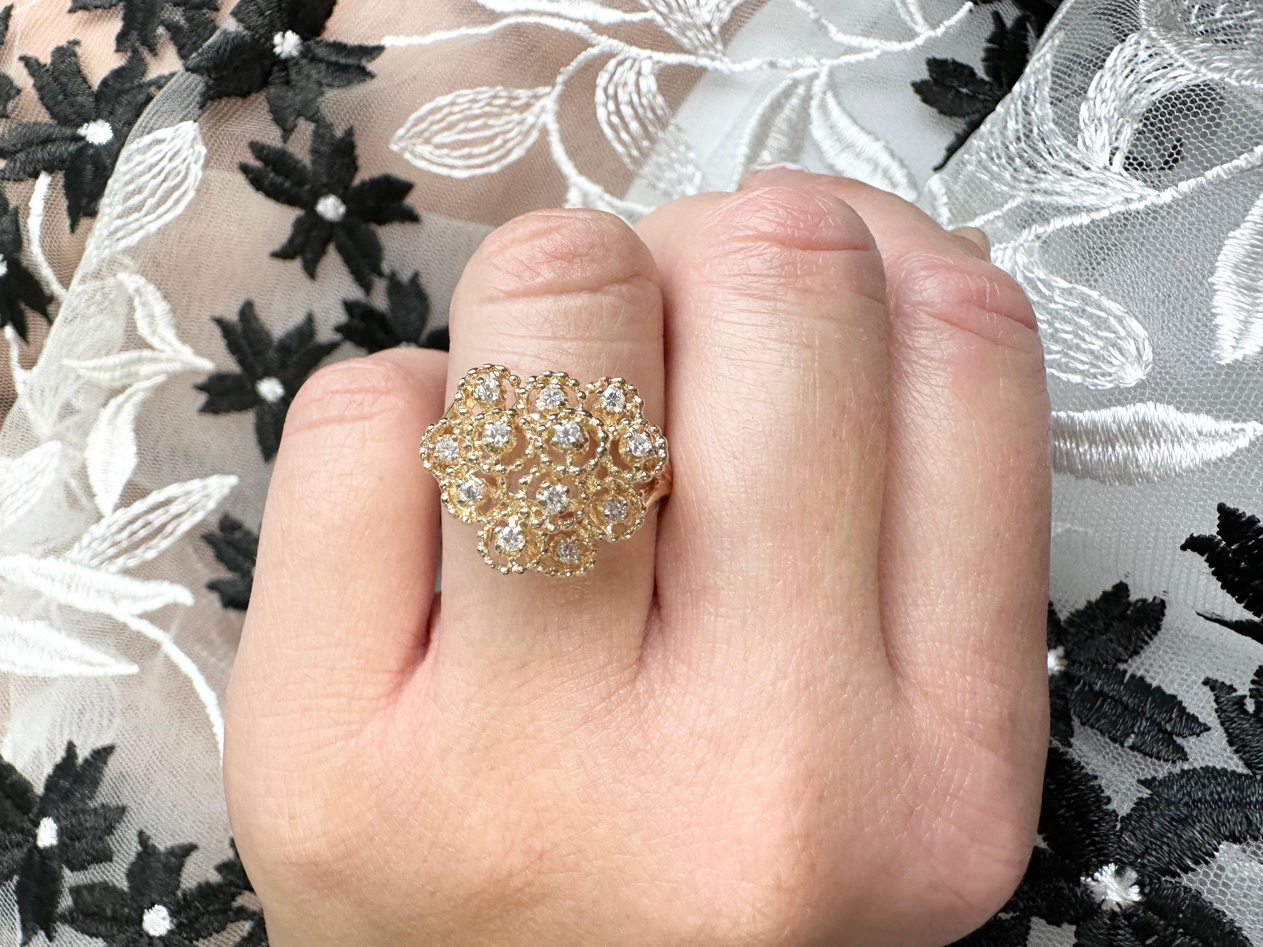 Round Cut Cocktail Dome Ring 14 Karat Yellow Gold Snowfall Ring For Sale