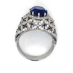 Cocktail Dome ring, synthetic Blue Corundum, Sapphire and diamond 14K white gold
