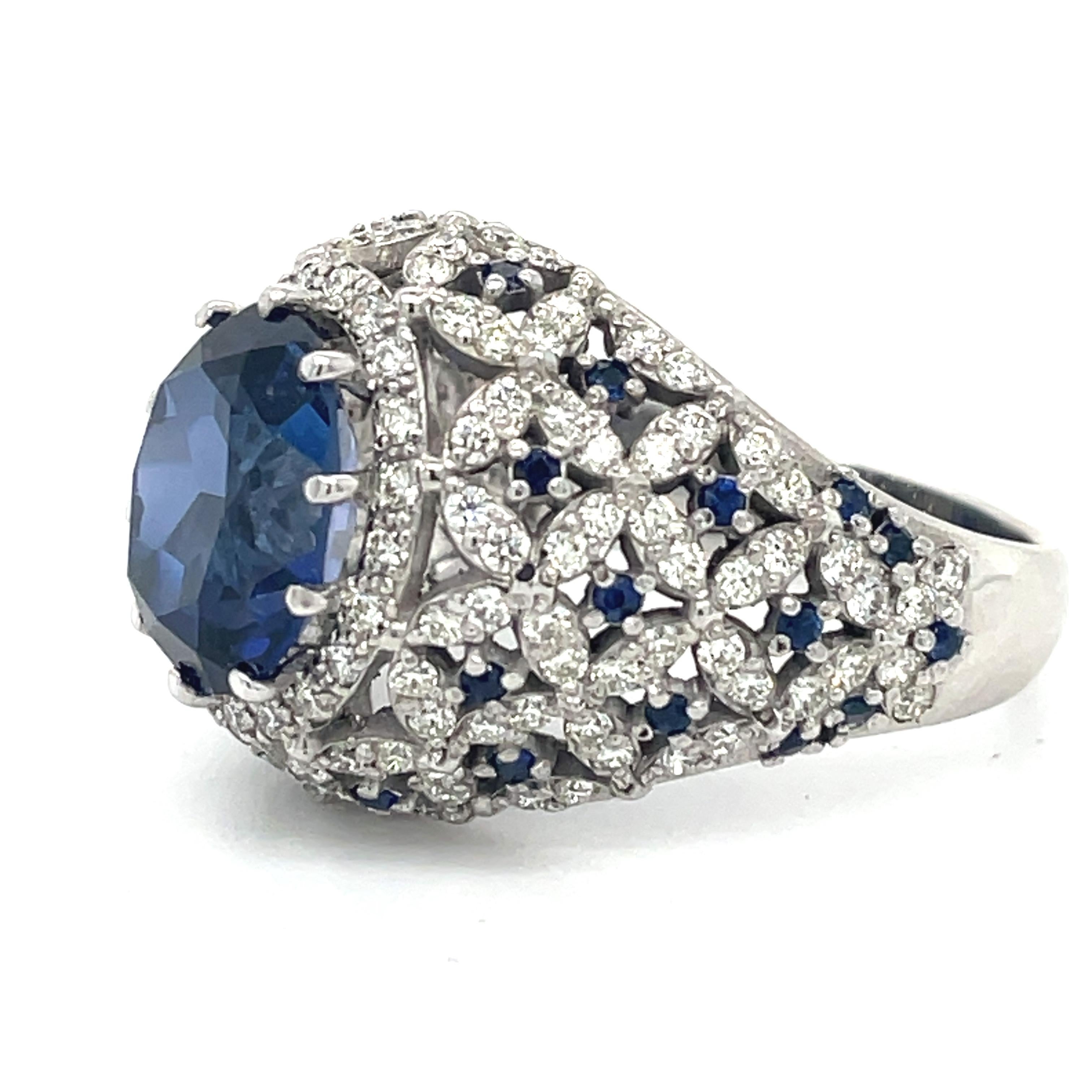Oval Cut Cocktail Dome ring, synthetic Blue Corundum, Sapphire and diamond 14K white gold For Sale