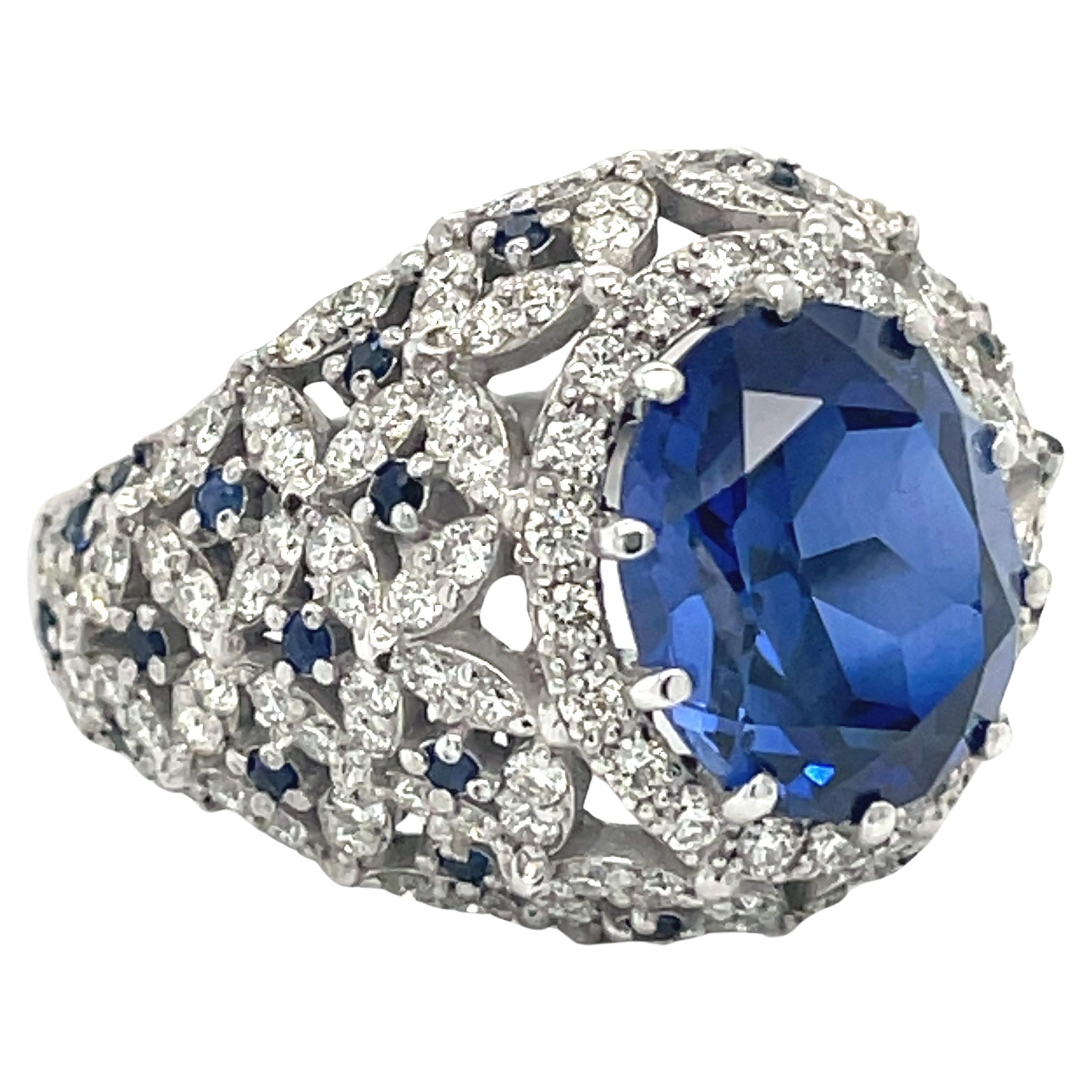 Cocktail Dome ring, synthetic Blue Corundum, Sapphire and diamond 14K white gold For Sale