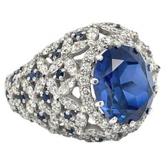 Cocktail Dome ring, synthetic Blue Corundum, Sapphire and diamond 14K white gold