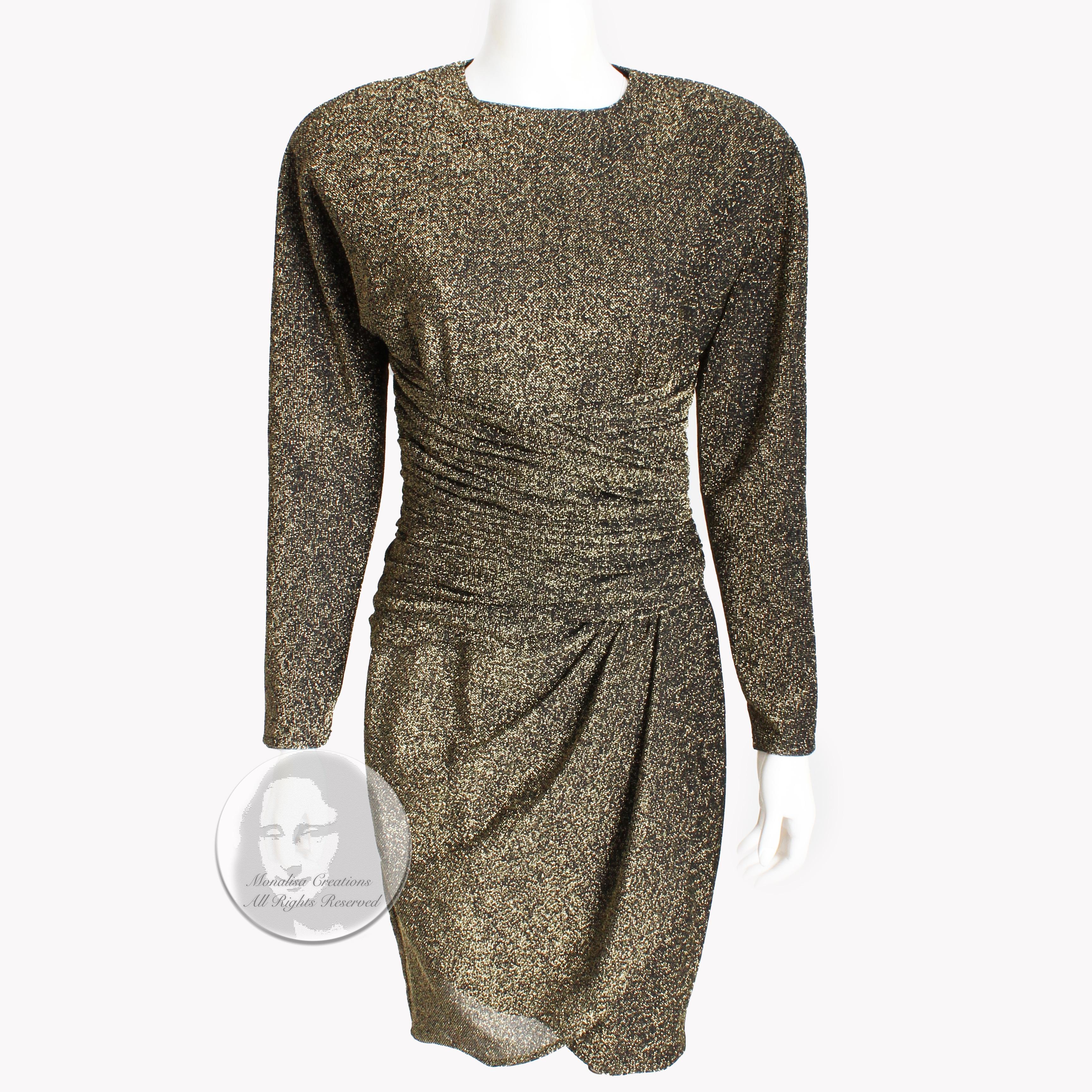 Celebrate in style with this vintage cocktail dress, made by Morton Myles for the Warren's, most likely in the early 1980s.  Made from a shimmery gold metallic fabric, it features a cinched waist with ruching, a tulip style skirt and strong