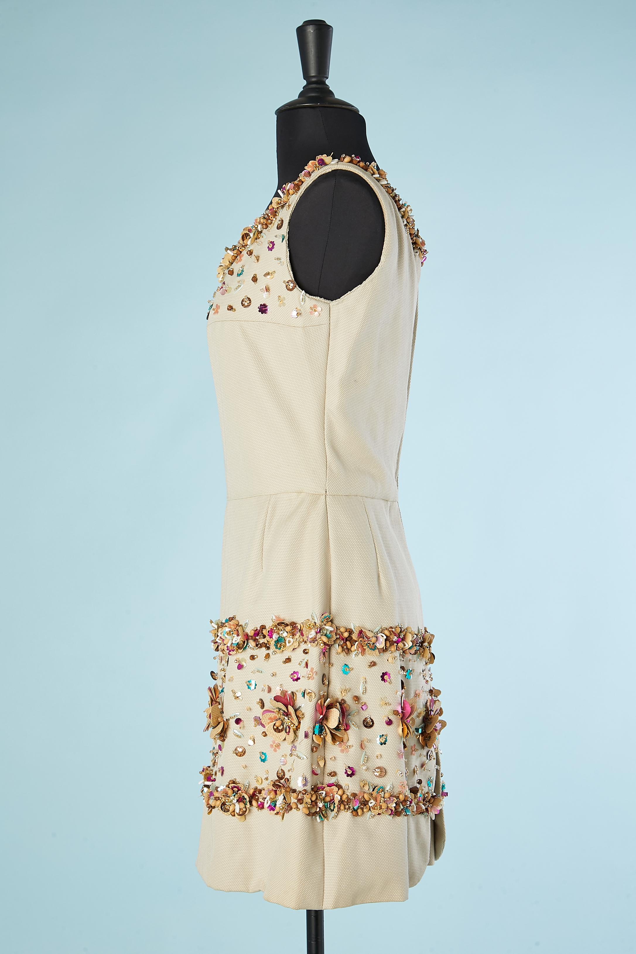 Women's Cocktail dress in beige canevas with beaded work and flowers embroideries  For Sale