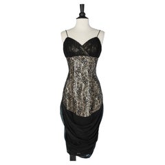 Vintage Cocktail dress in black chiffon and lace with gold lurex lining Circa 2000