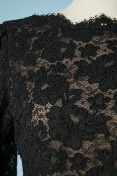 Cocktail dress in black guipure and blue taffets bow and ruffles Oscar de la Ren