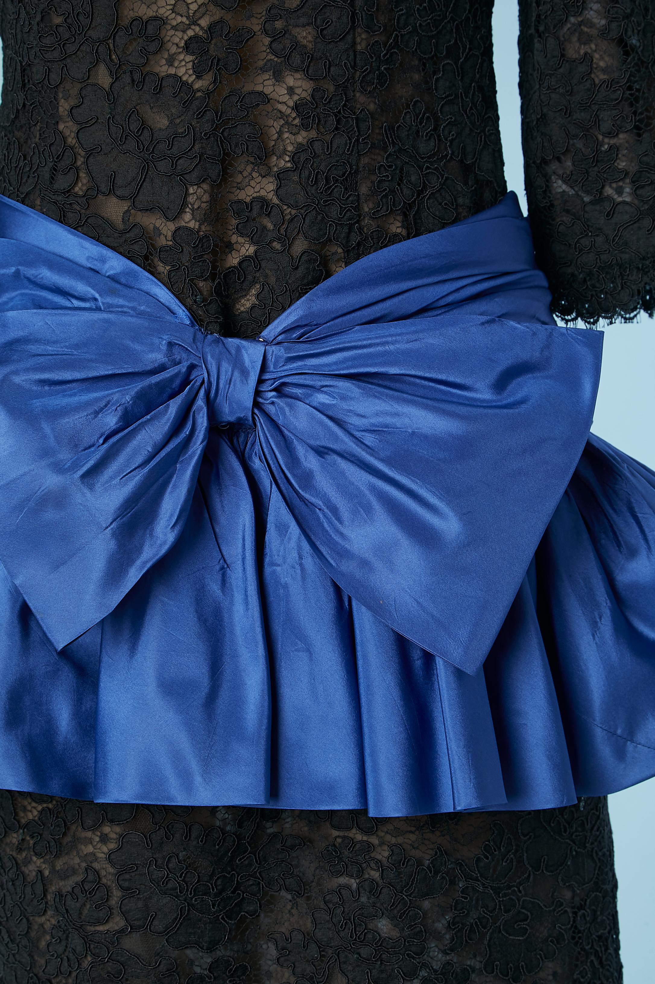 Black Cocktail dress in black guipure and blue taffets bow and ruffles Oscar de la Ren For Sale