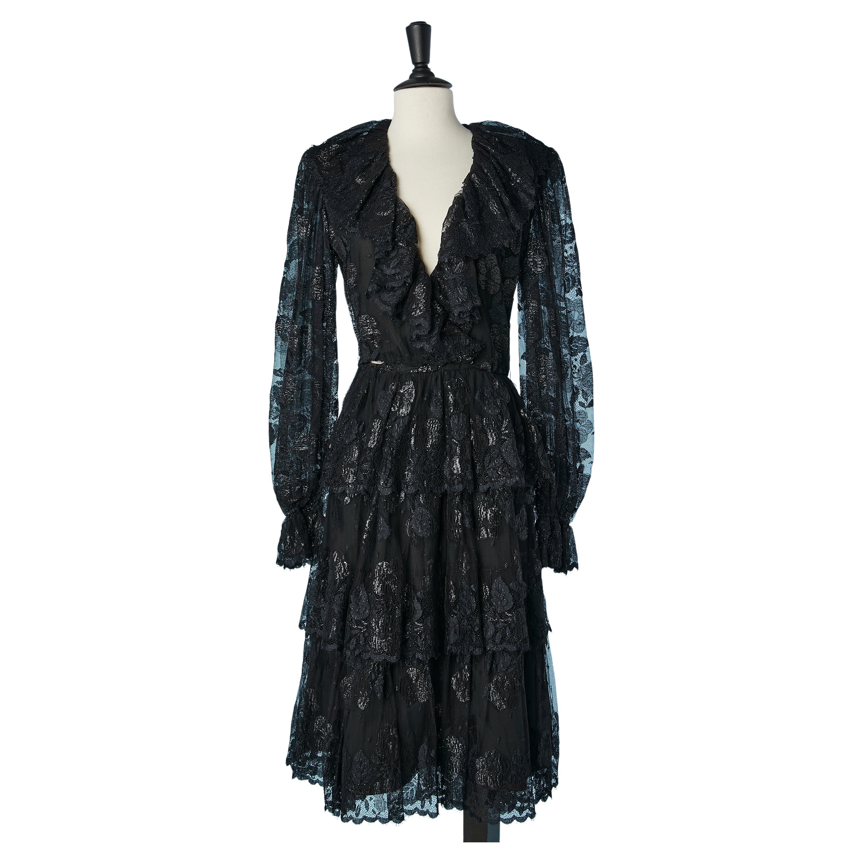  Cocktail dress in black lace and lurex with ruffles Jean-Louis Scherrer For Sale