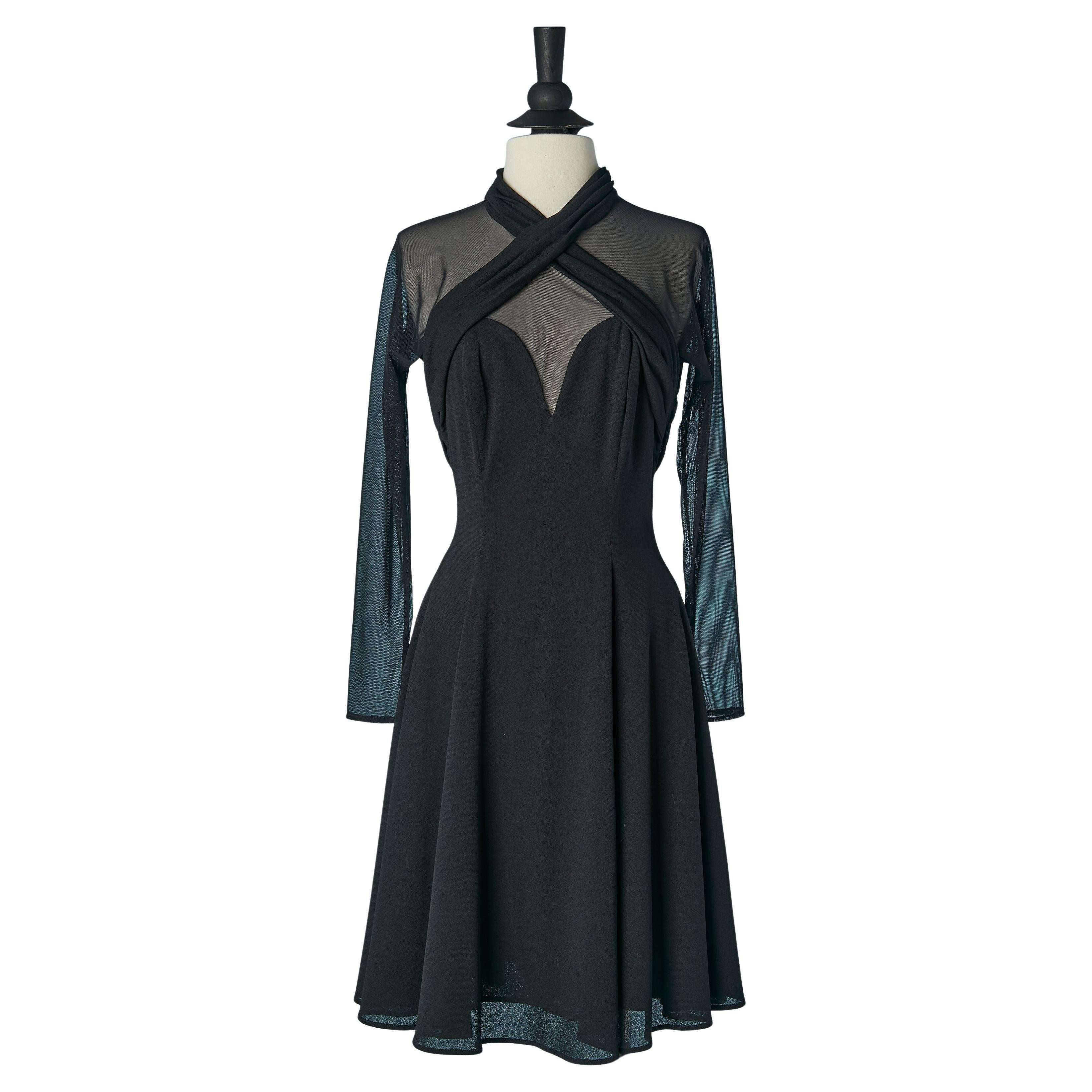 Cocktail dress  in black tulle stretch and jersey, draped on the front TADASHI For Sale