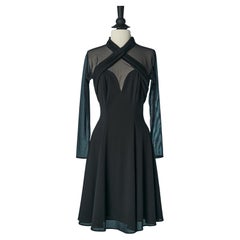 Cocktail dress  in black tulle stretch and jersey, draped on the front TADASHI
