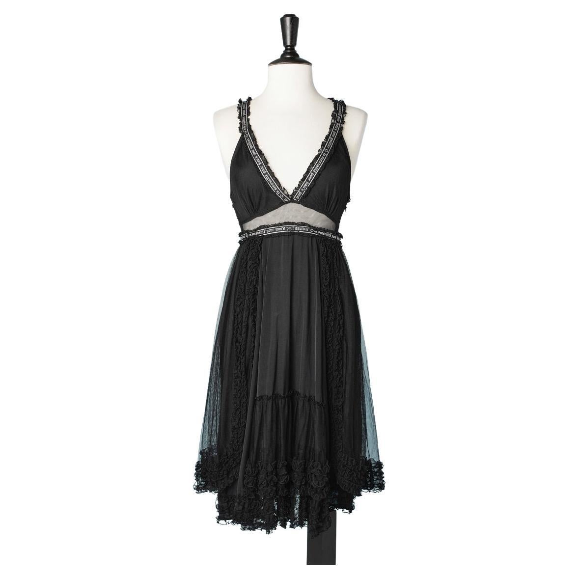 Cocktail dress in black tulle, trim and ruffle Jean Paul Gaultier Jean  For Sale
