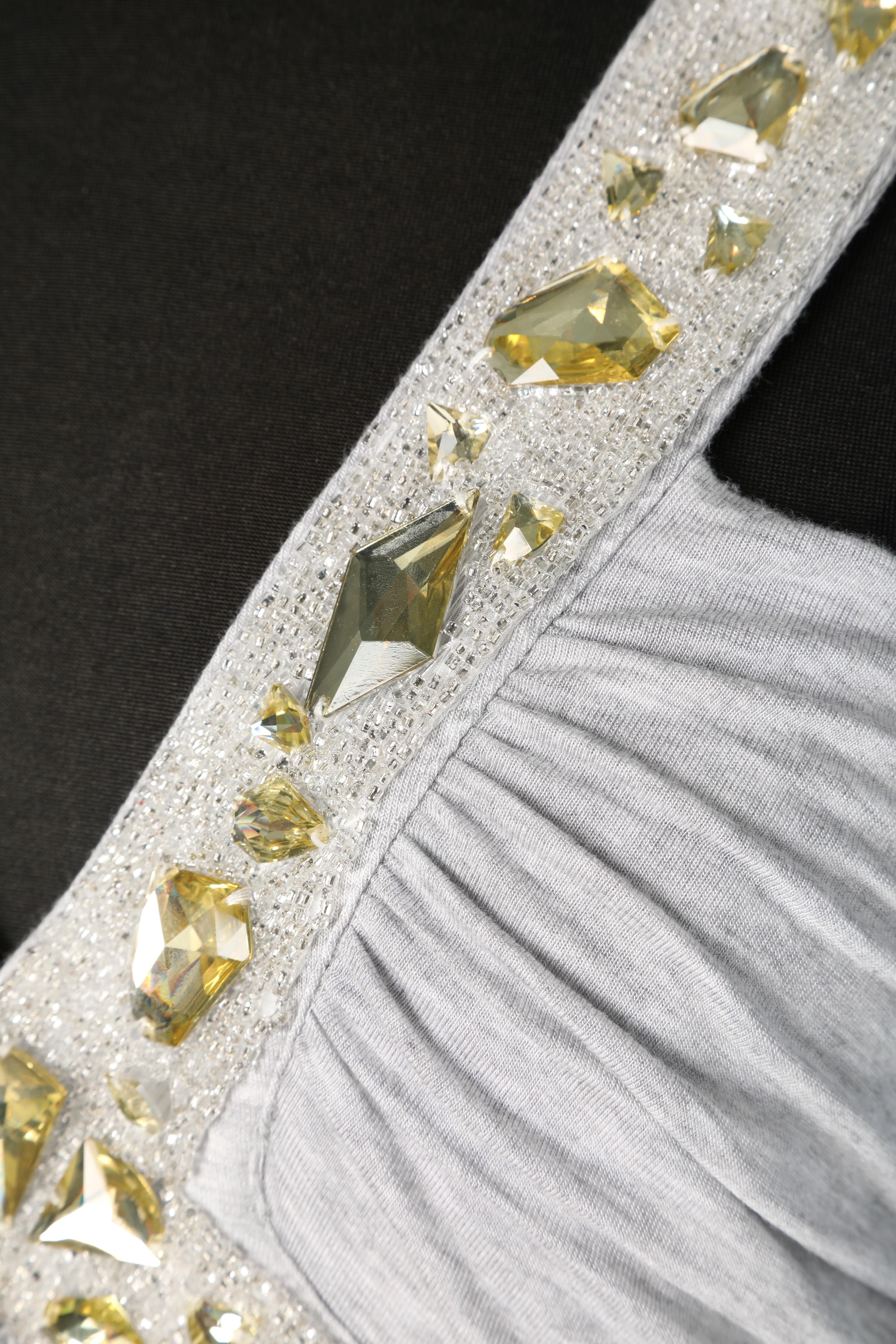 Cocktail dress in grey jersey with beads and yellow rhinestone Faith Connexion  In Excellent Condition For Sale In Saint-Ouen-Sur-Seine, FR