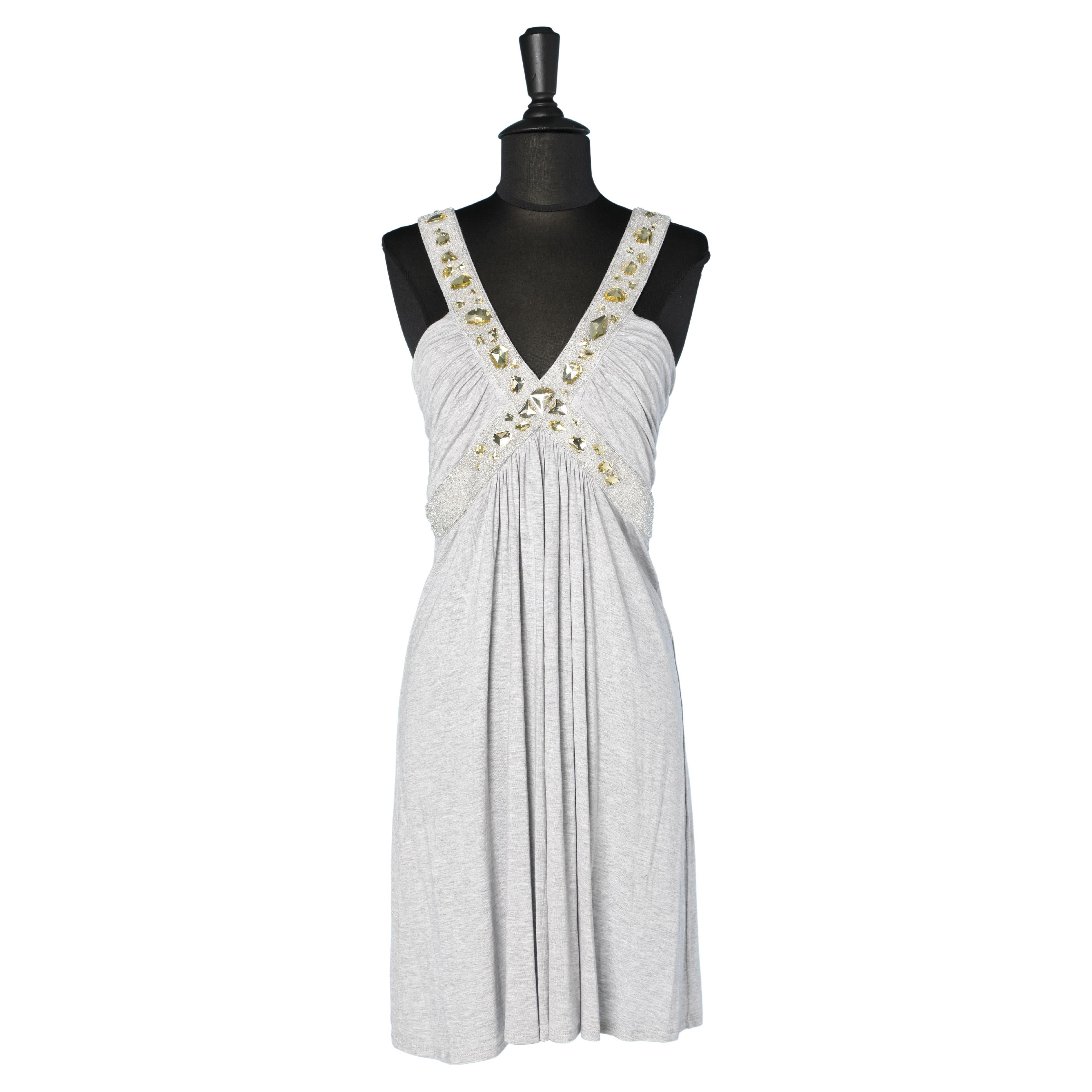 Cocktail dress in grey jersey with beads and yellow rhinestone Faith Connexion  For Sale