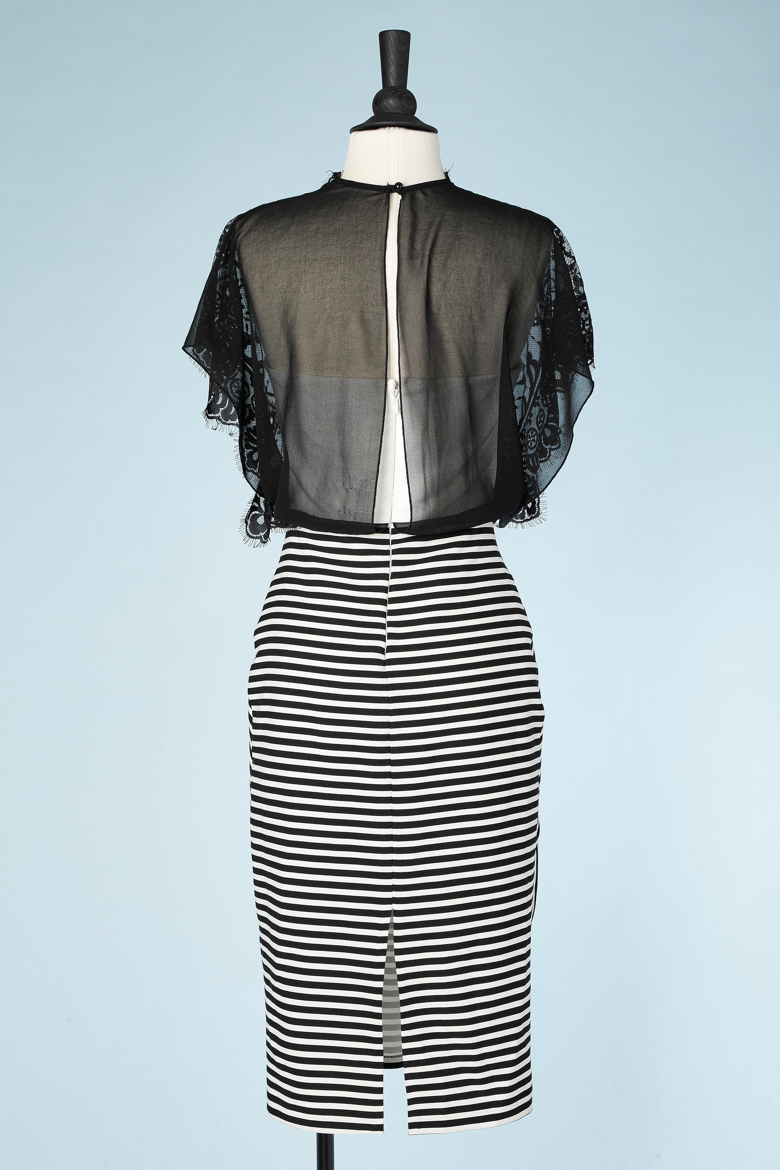 Cocktail dress in lace and black&white striped skirt Roméo Gigli 