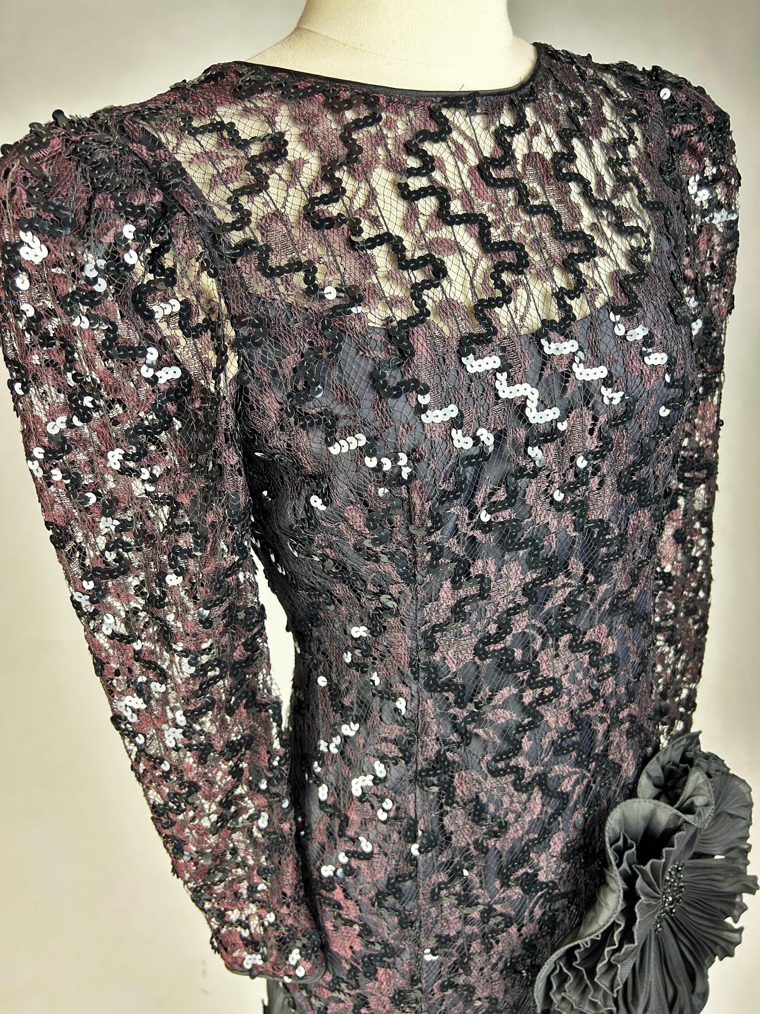 Cocktail dress in lace and sequins by Louis Féraud Haute Couture Circa 1985 For Sale 5