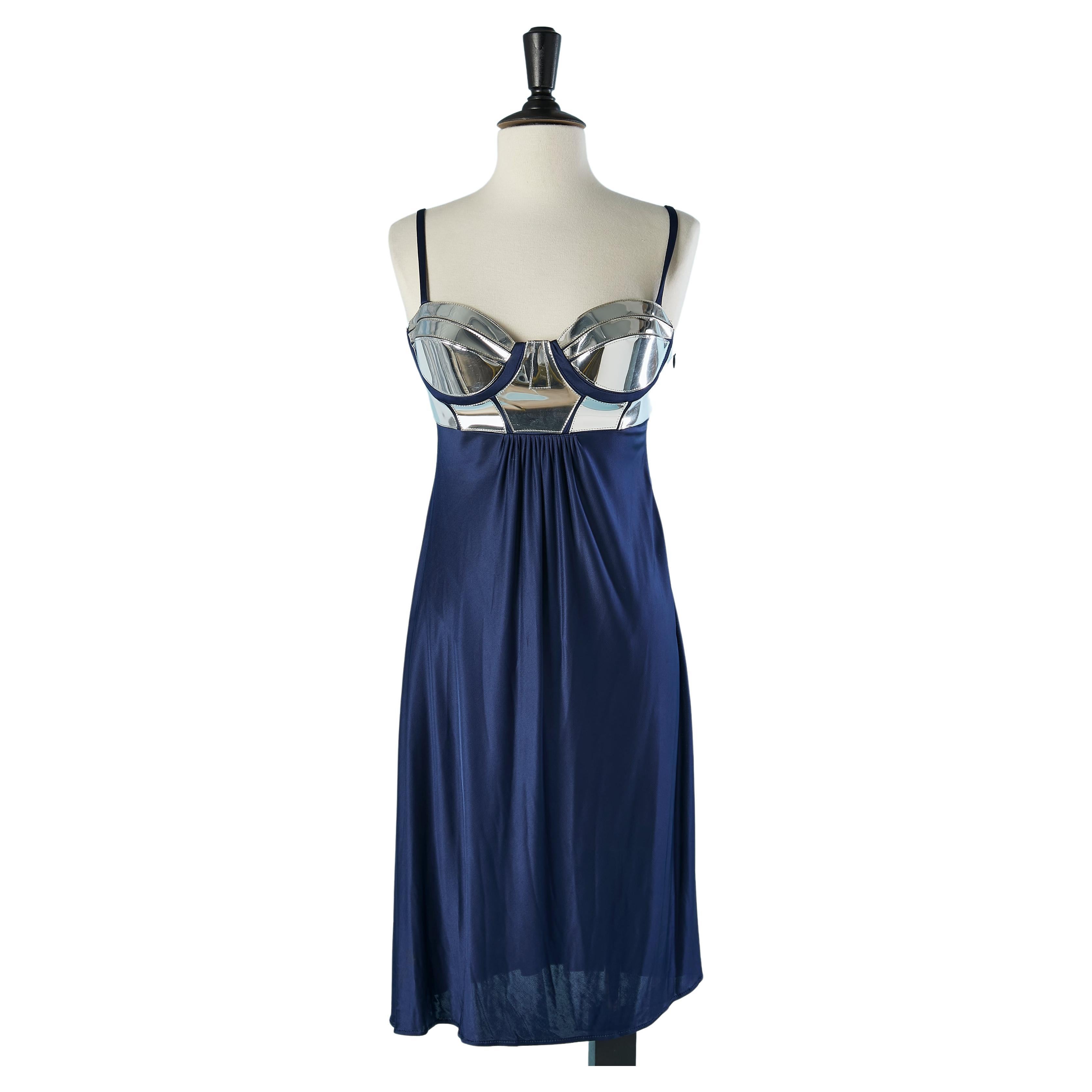  Cocktail dress in navy blue jersey and silver PVC bra VJC Versace  For Sale