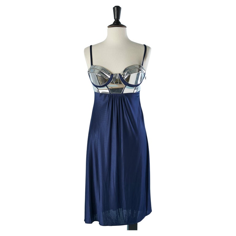Cocktail dress in navy blue jersey and silver PVC bra VJC Versace For Sale  at 1stDibs