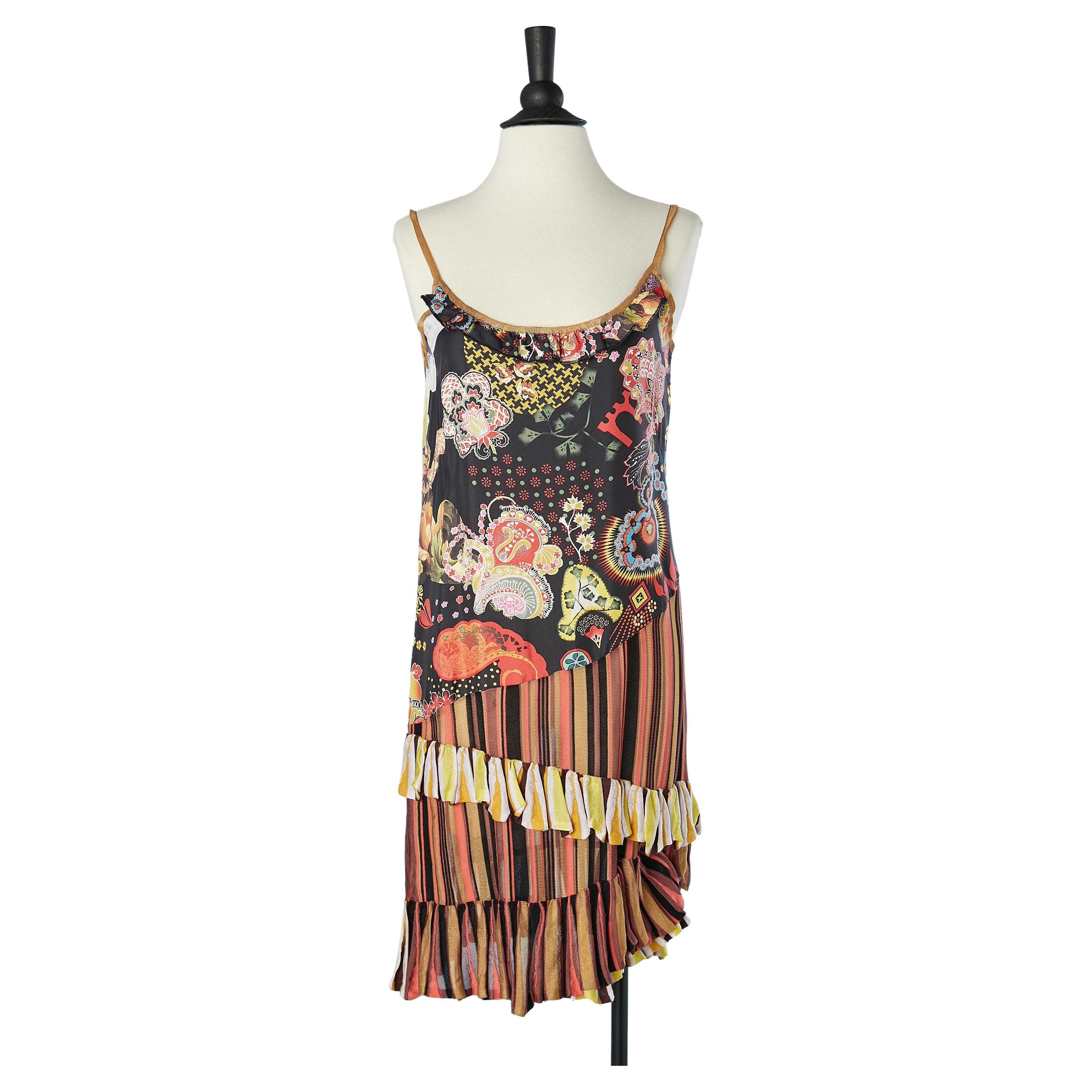 Cocktail dress in printed silk and rayon knit with ruffles Christian Lacroix  For Sale
