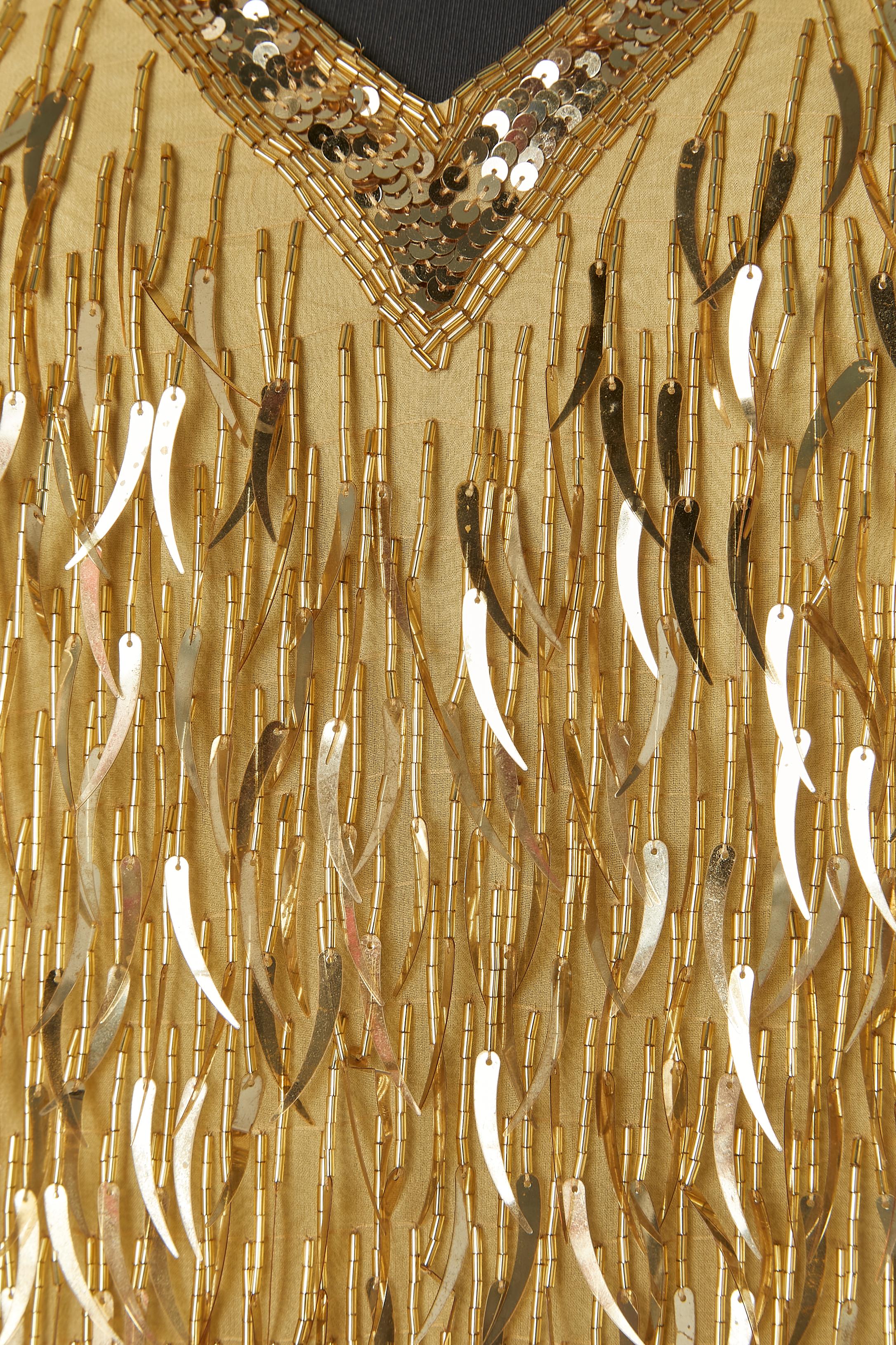 Brown Cocktail dress made of gold sequin and beads fringes BLACK TIE by OLEG CASSINI For Sale