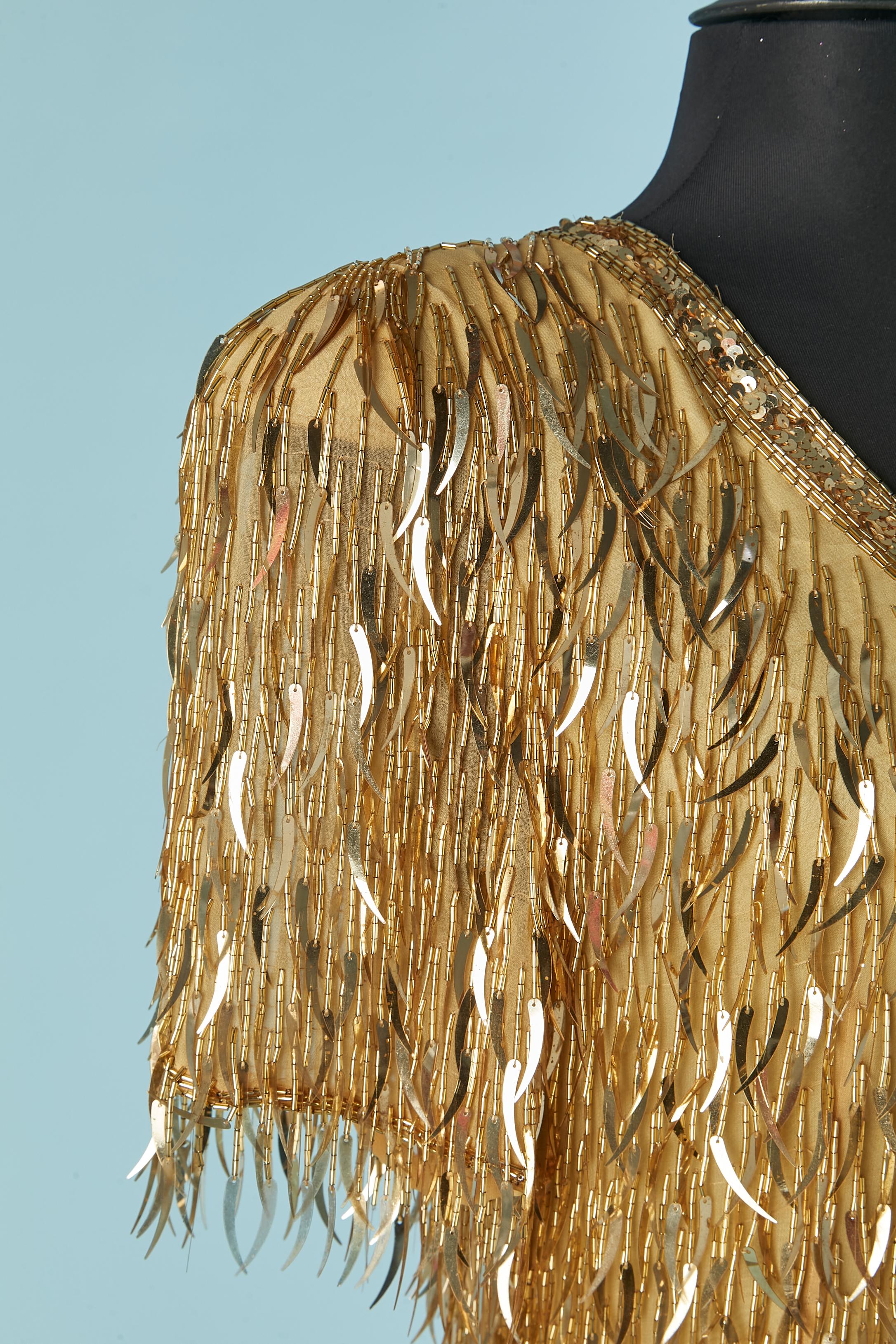 Women's Cocktail dress made of gold sequin and beads fringes BLACK TIE by OLEG CASSINI For Sale