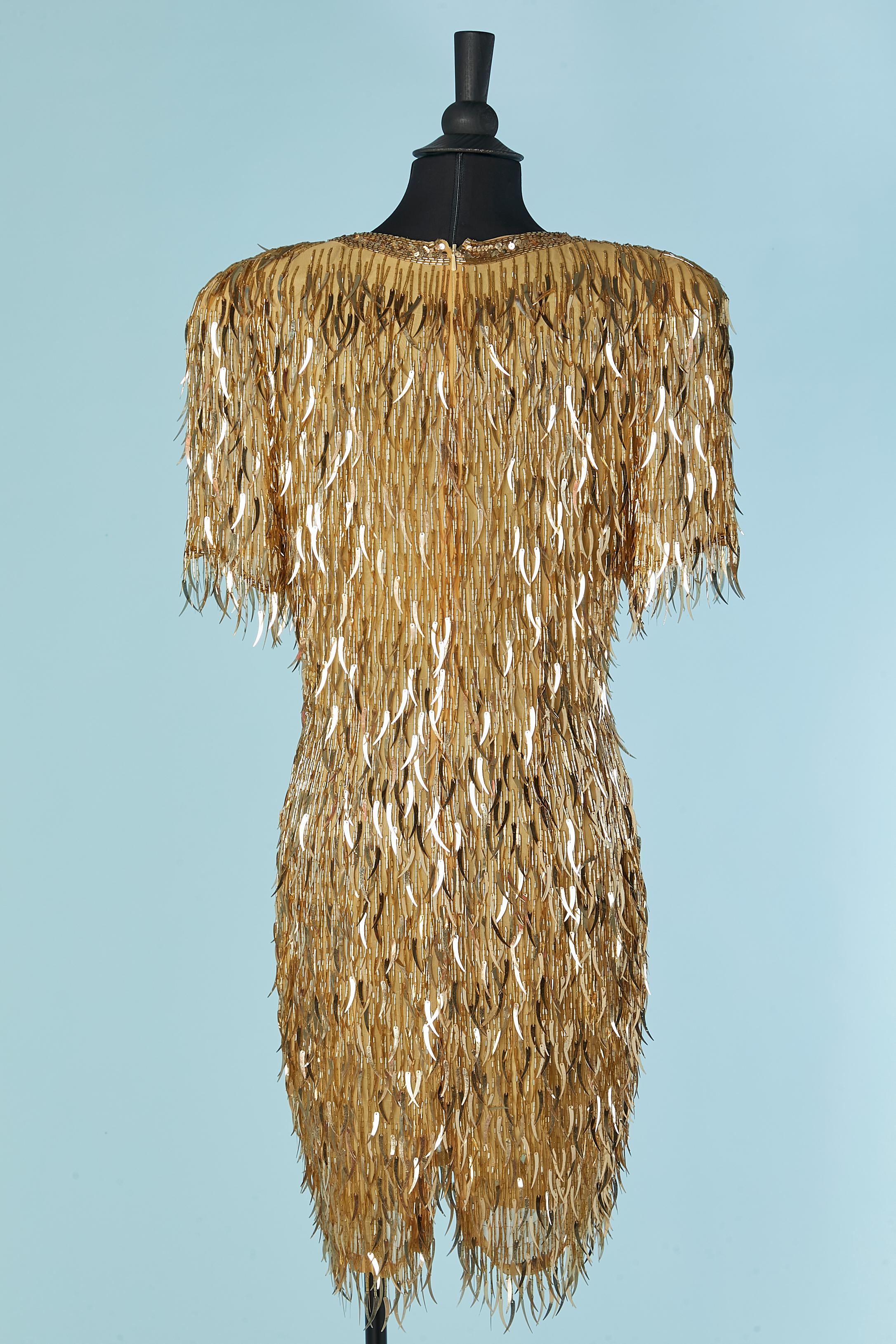 Cocktail dress made of gold sequin and beads fringes BLACK TIE by OLEG CASSINI For Sale 2