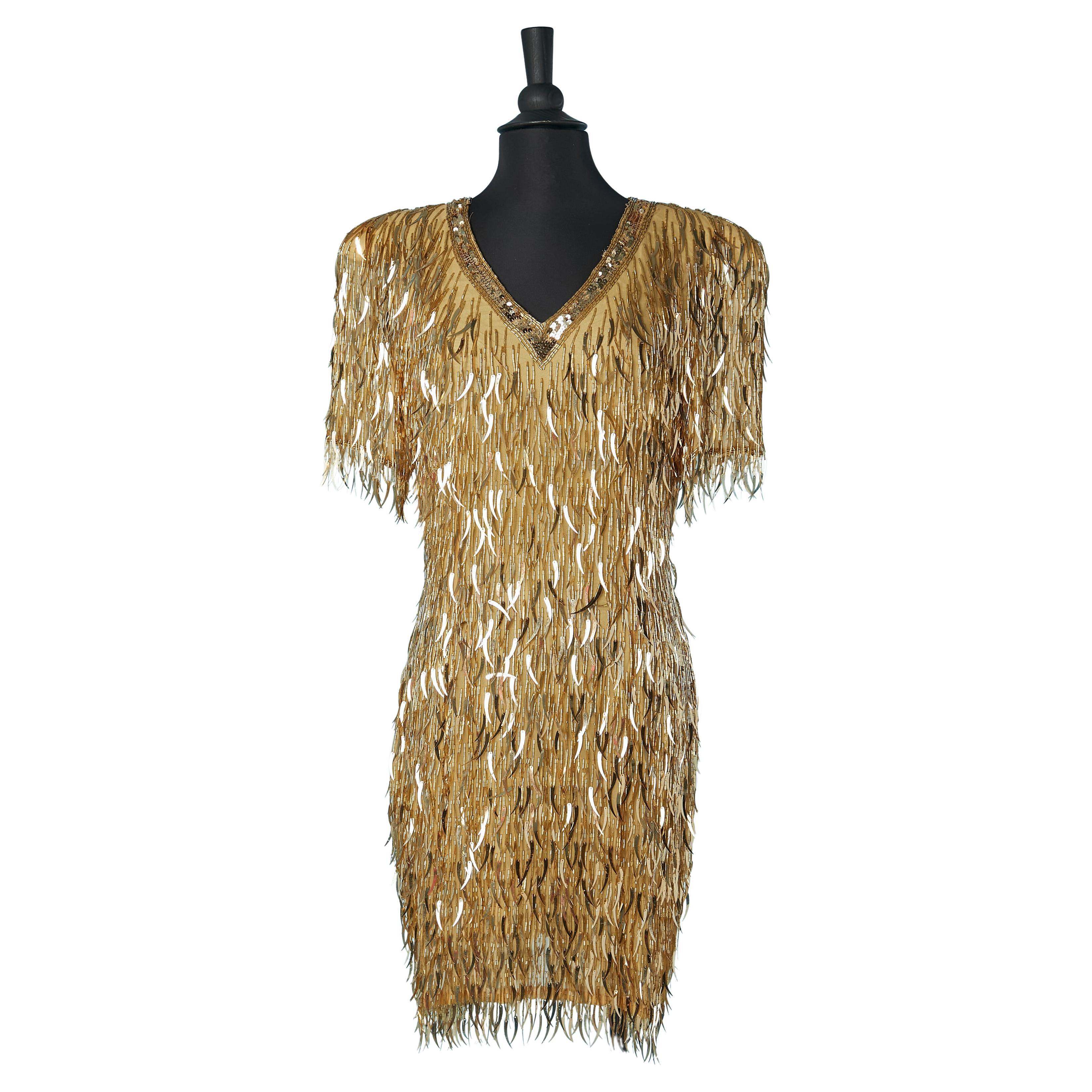 Cocktail dress made of gold sequin and beads fringes BLACK TIE by OLEG CASSINI For Sale