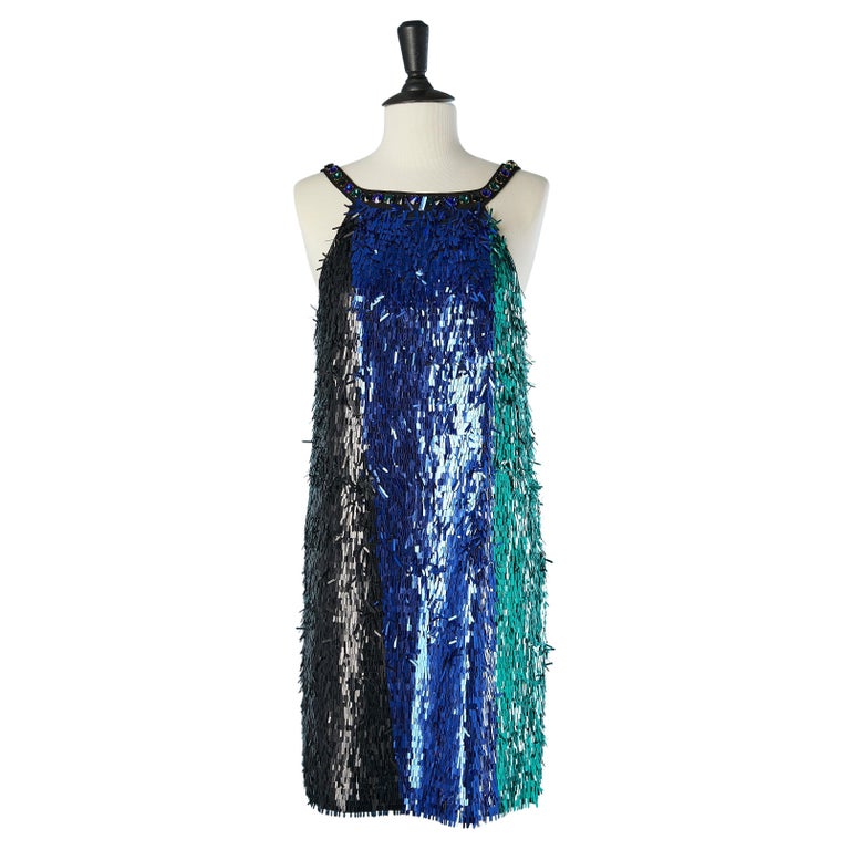 Cocktail dress with blue, green and black long sequin VERSACE COLLECTION  For Sale at 1stDibs