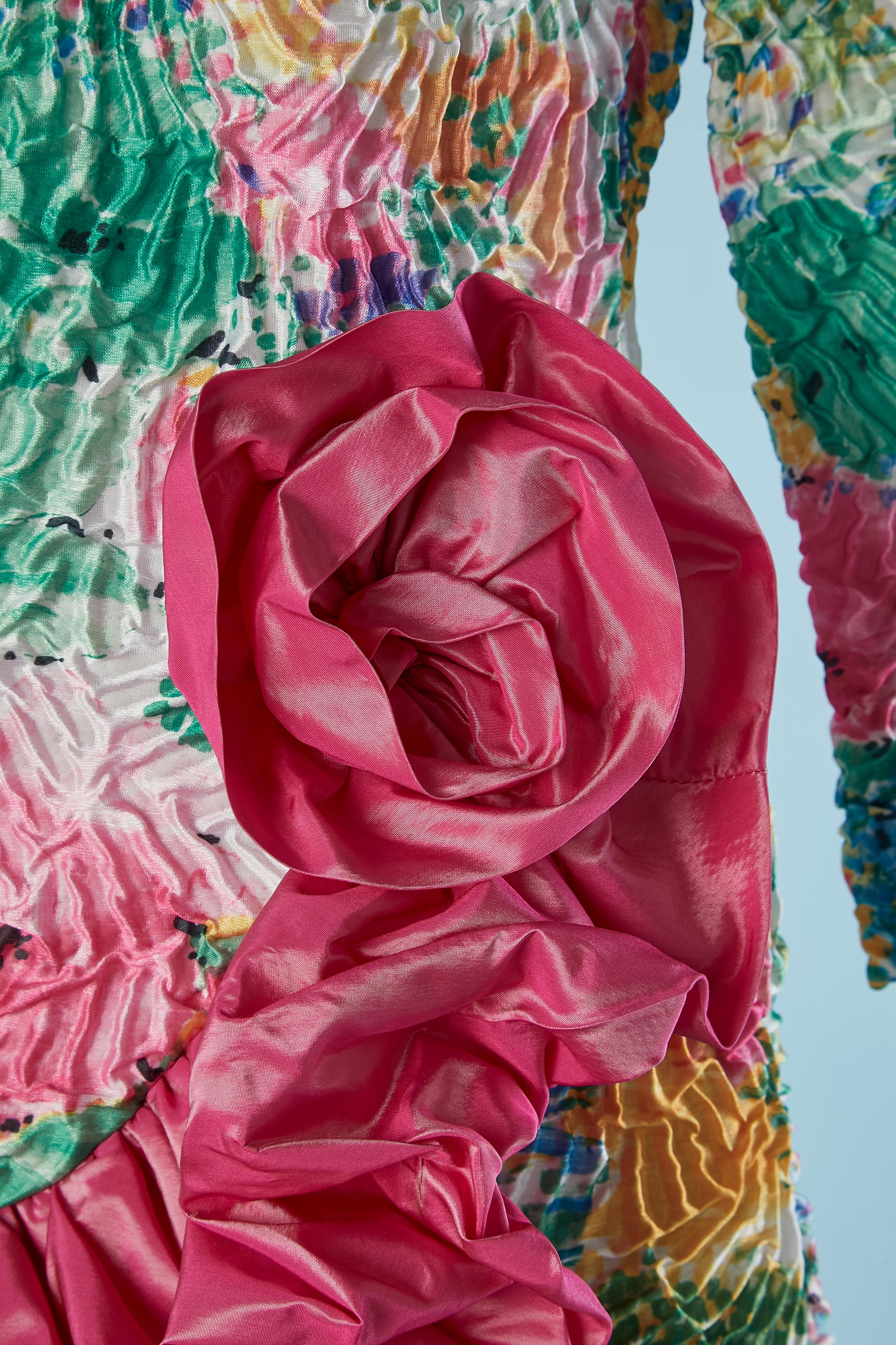 Pink Cocktail dress with flower print and pink taffeta ruffles edge TRAVILLA For Sale