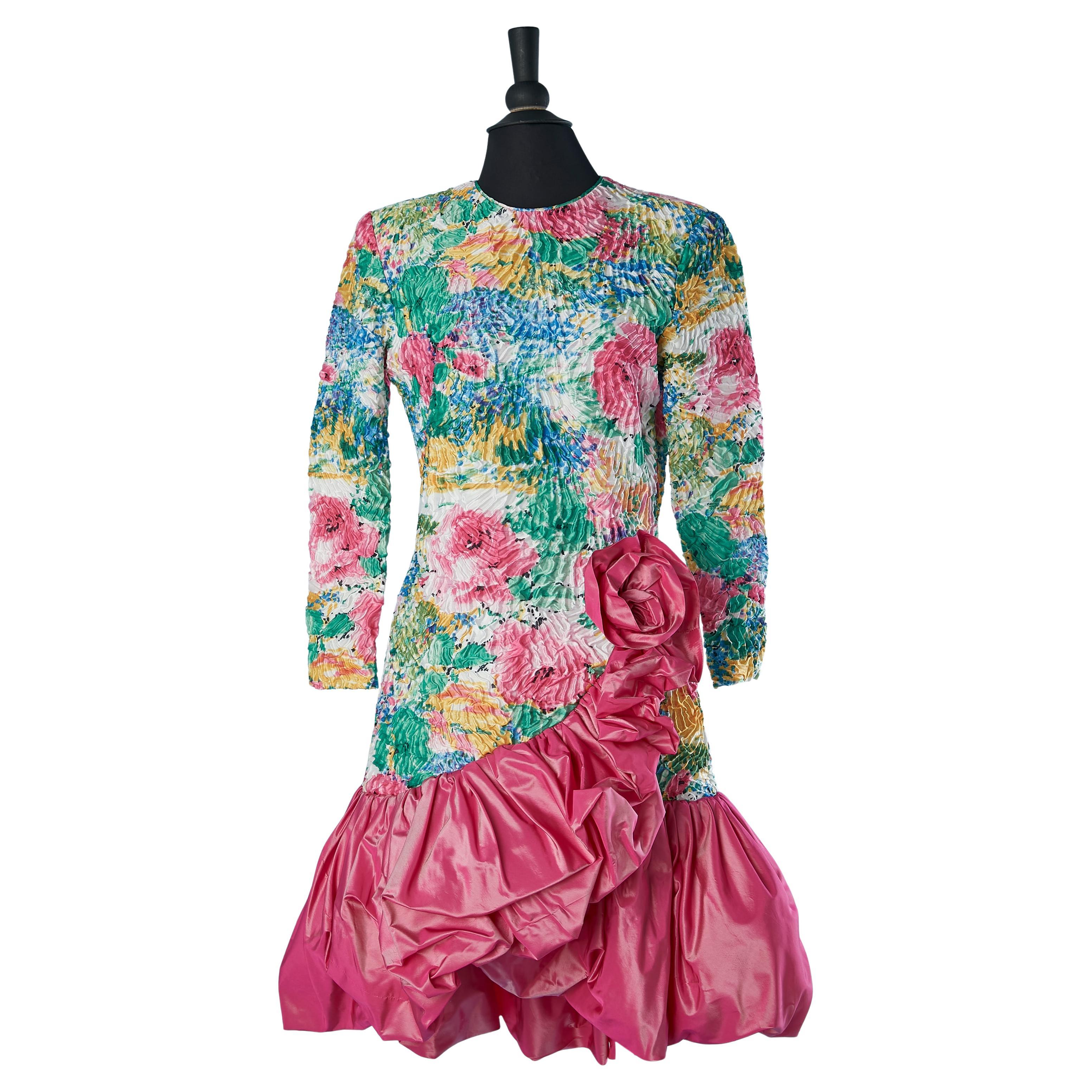 Cocktail dress with flower print and pink taffeta ruffles edge TRAVILLA For Sale