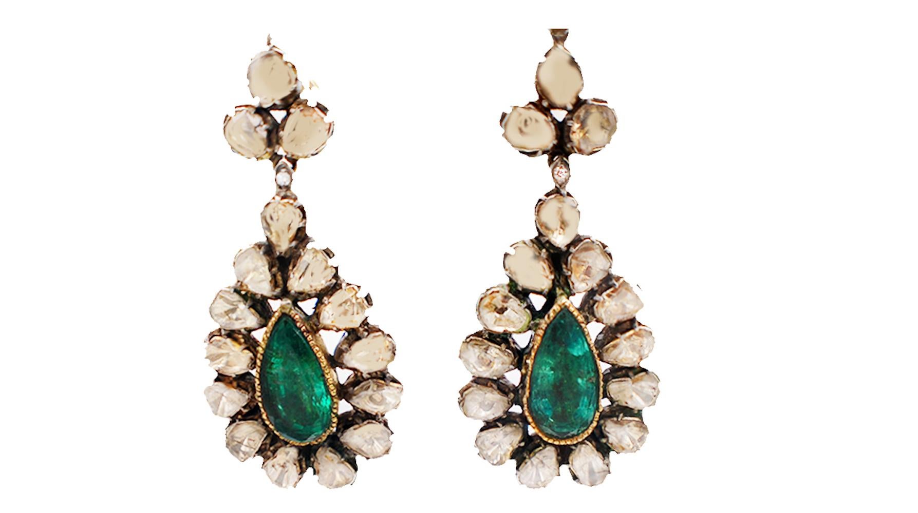 Pear Cut Cocktail Drop Pear Shaped, Emerald Earrings, with Antique Slice Diamonds