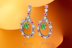 6.00 Carat Cocktail Emerald Diamond Ruby Dangle Earrings