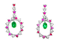 Cocktail Emerald Diamond Ruby Dangle Earrings