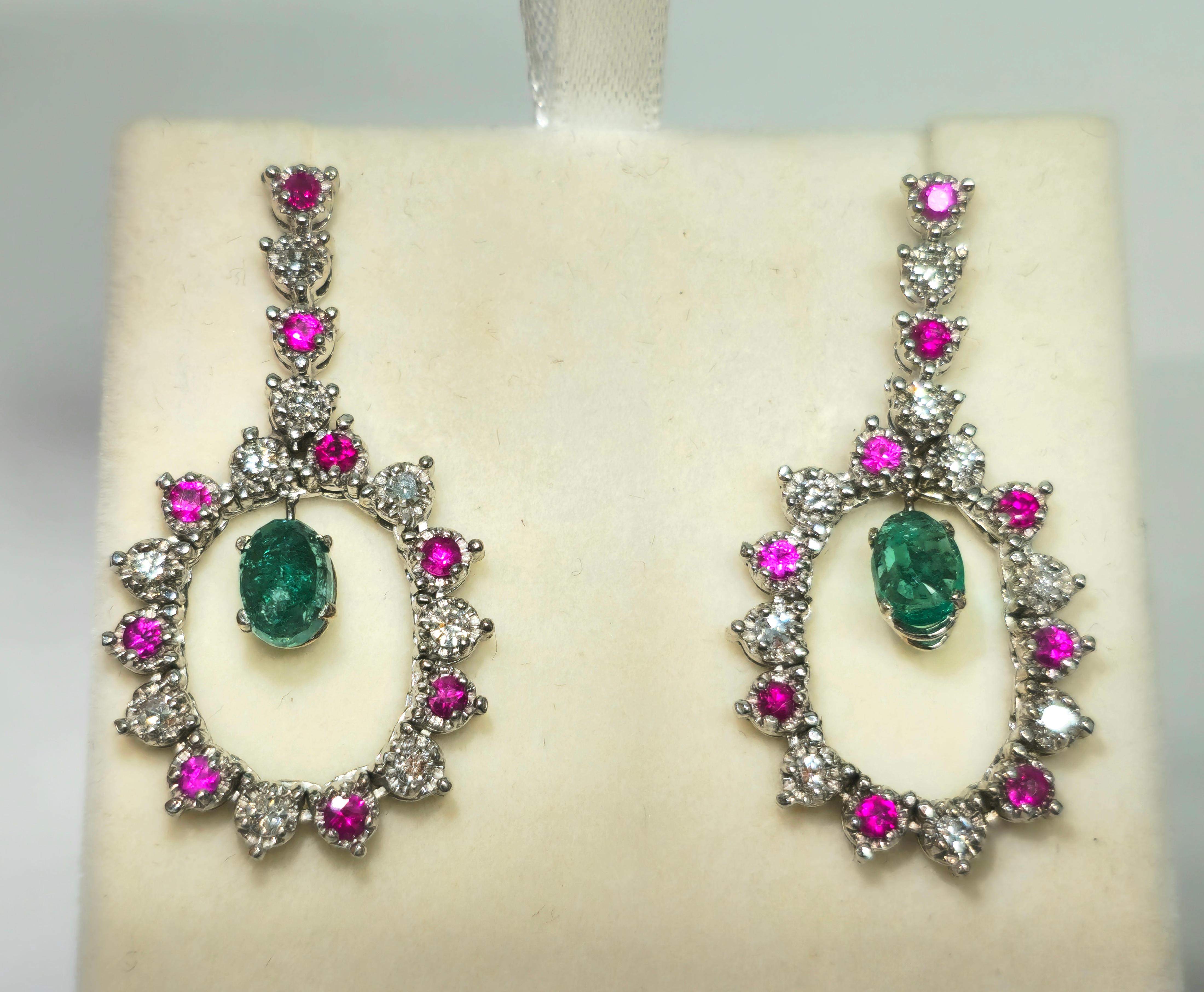Art Deco Cocktail Emerald Diamond Ruby Dangle Earrings For Sale