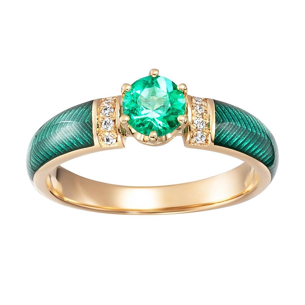 Im Angebot: Smaragd 0,45 Karat grüner transluzenter Emaille-Ring aus 18 Karat Gelbgold mit 8 Diamanten () 2