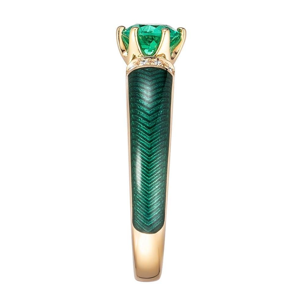 Im Angebot: Smaragd 0,45 Karat grüner transluzenter Emaille-Ring aus 18 Karat Gelbgold mit 8 Diamanten () 3