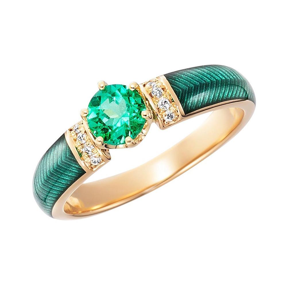 Smaragd 0,45 Karat grüner transluzenter Emaille-Ring aus 18 Karat Gelbgold mit 8 Diamanten