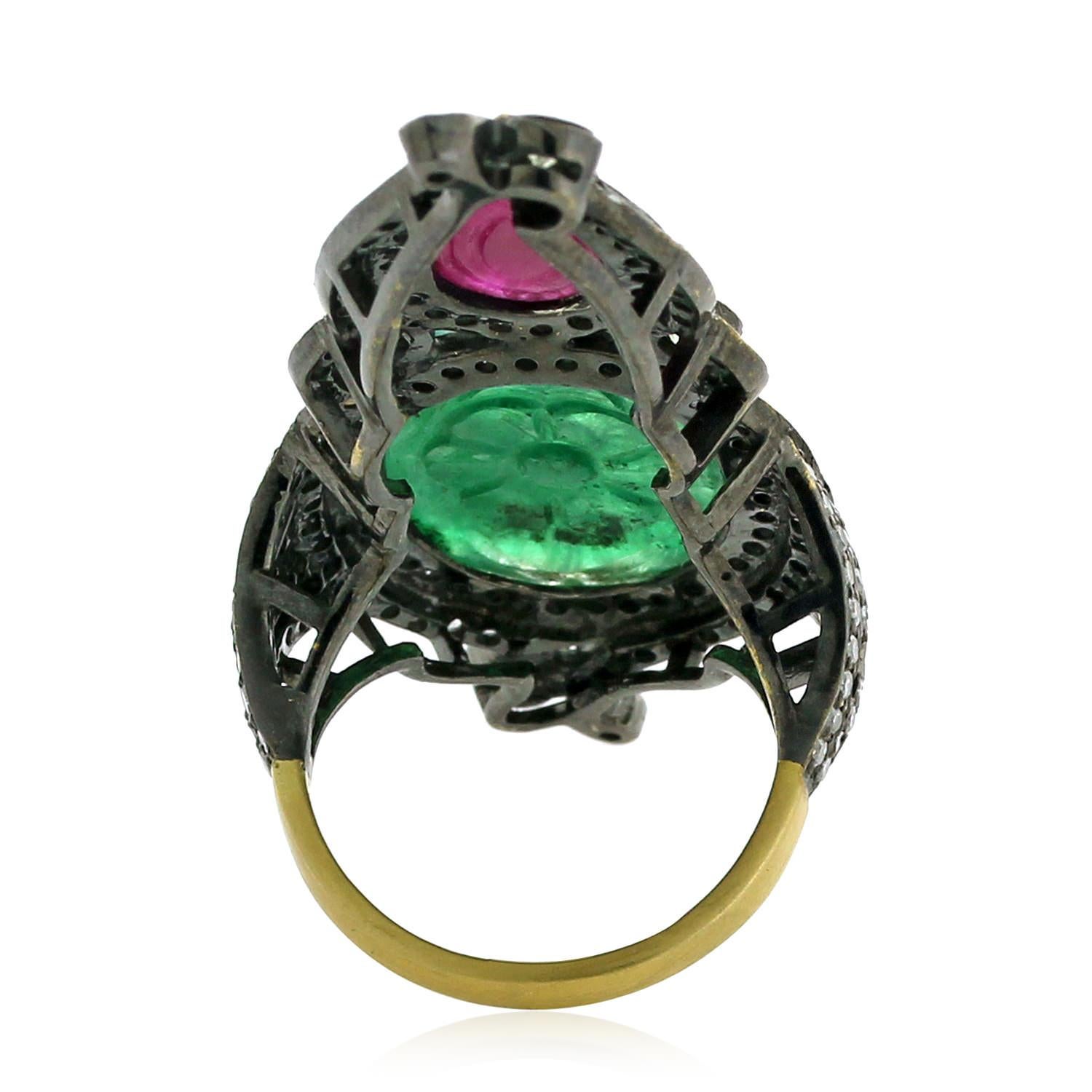 Edwardian Cocktail Emerald, Ruby and Diamond Ring In Gold and Silver For Sale
