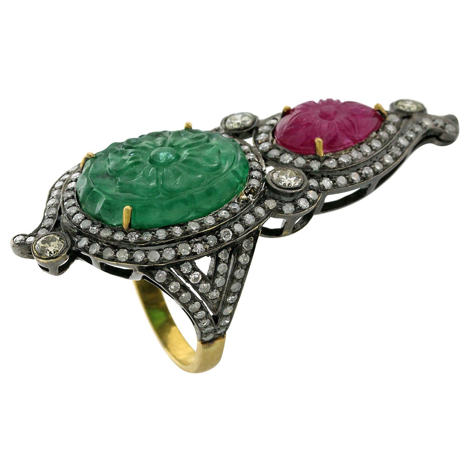 Cocktail Emerald, Ruby and Diamond Ring In Gold and Silver