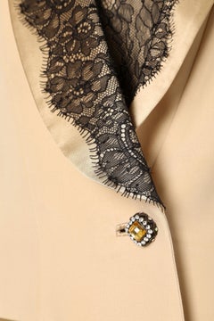 Cocktail ensemble in beige silk and black lace appliqué Luisa Spagnoli