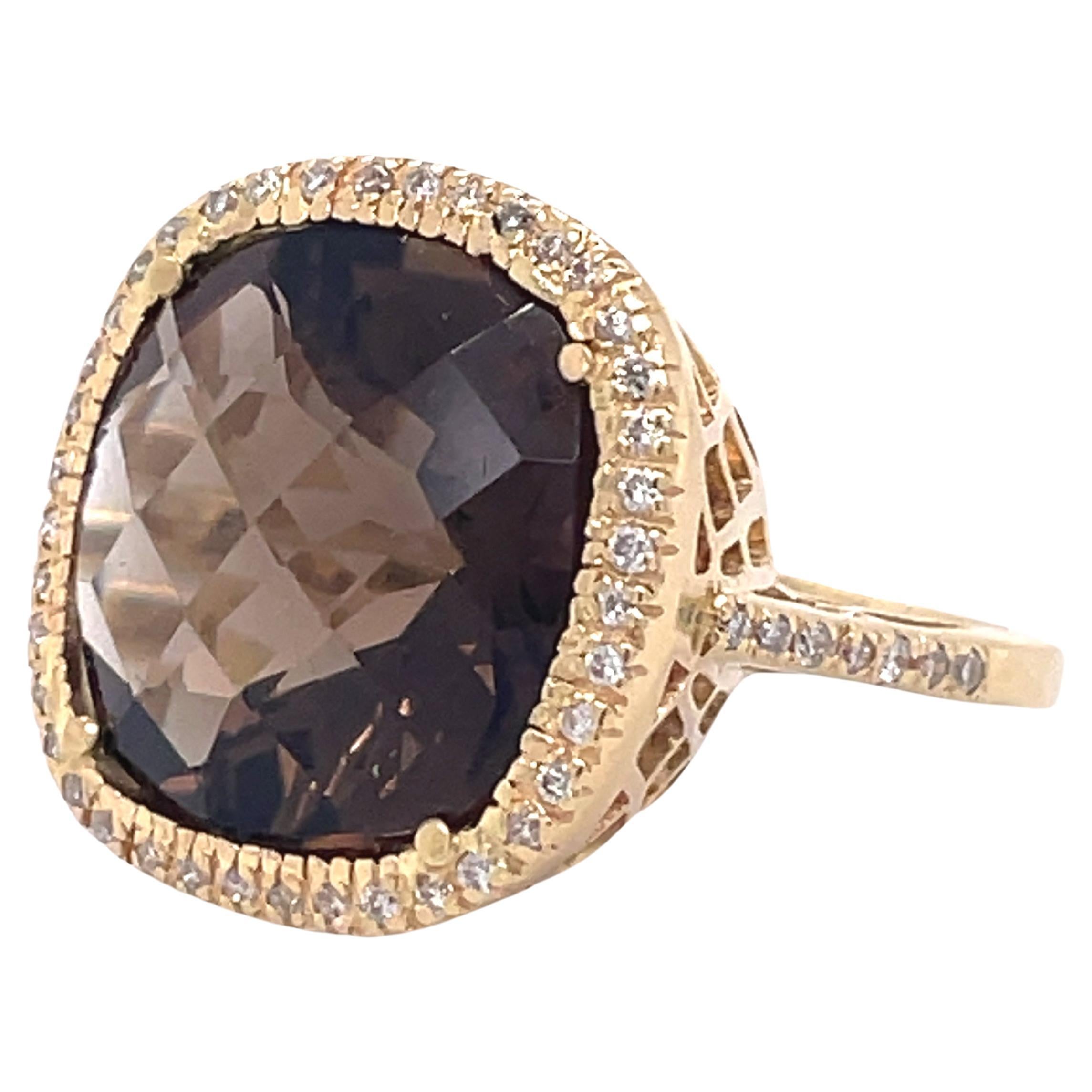 Cocktail Estate Ring, 10CT Cushion Natural Smoky Topaz ring, 14k Yellow Gold  For Sale