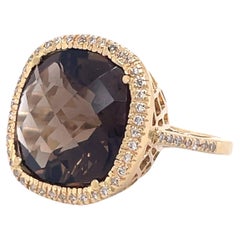 Cocktail-Nachlassring, 10CT Kissenschliff Natürlicher Rauchtopas Ring, 14k Gelbgold 