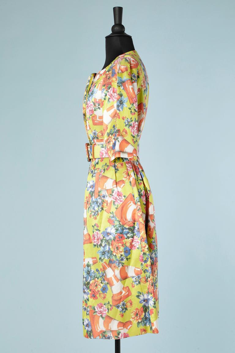 Women's Cocktail flower printed dress with belt Moschino Couture  For Sale