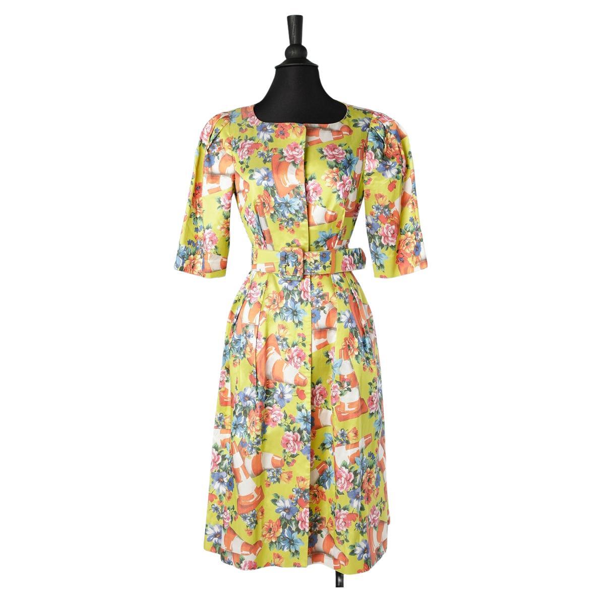 Cocktail flower printed dress with belt Moschino Couture  For Sale